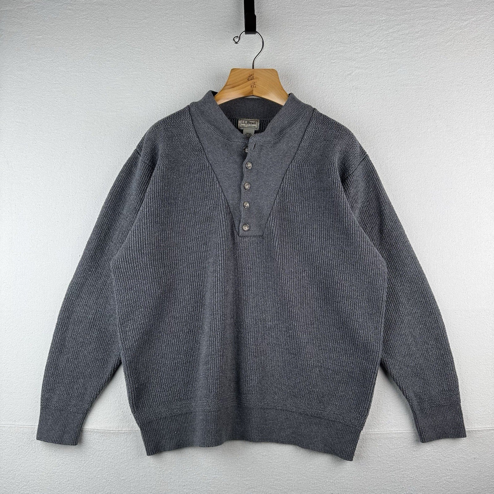 Vtg LL Bean Henley Fisherman Sweater Men’s Large Gray 1/4 Button Heavy