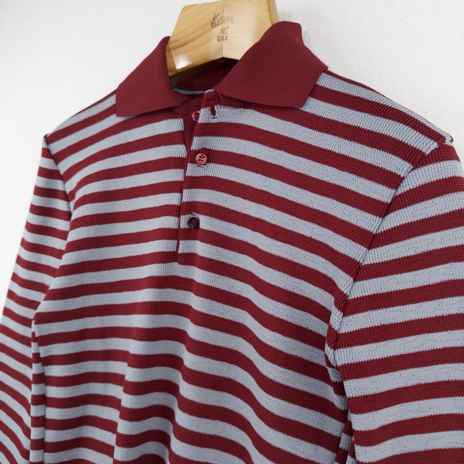 60's Vtg Mac Taggart 3 Button Polo Shirt  Gray Red Stripes Long Sleeve Men’s M