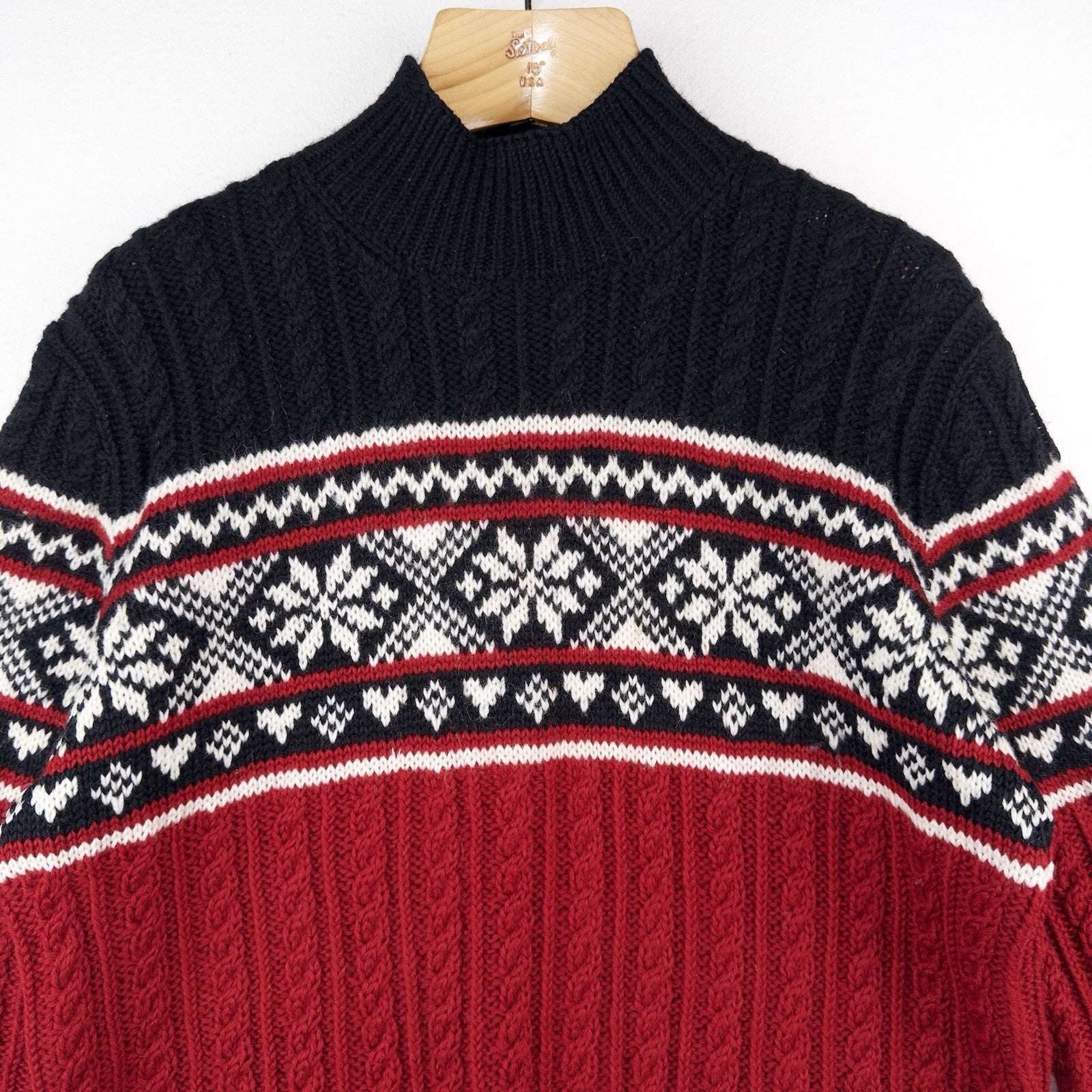 Lauren Ralph Lauren M Sweater 100% Worsted Wool Red Black Fair Isle Ski Snow