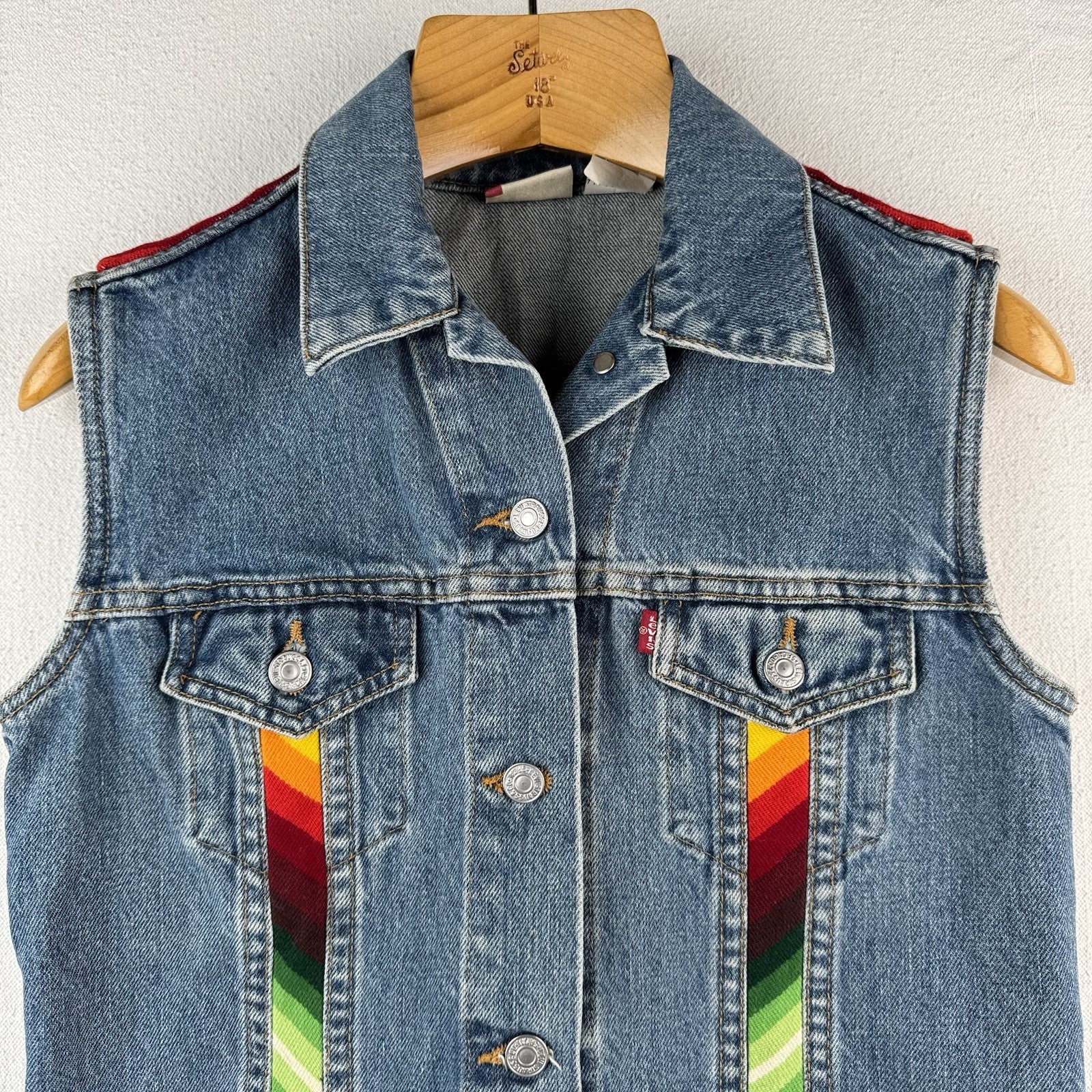 Vintage Levi's Denim Serape Blanket Medium Buckle Back Vest Red Tab Made USA