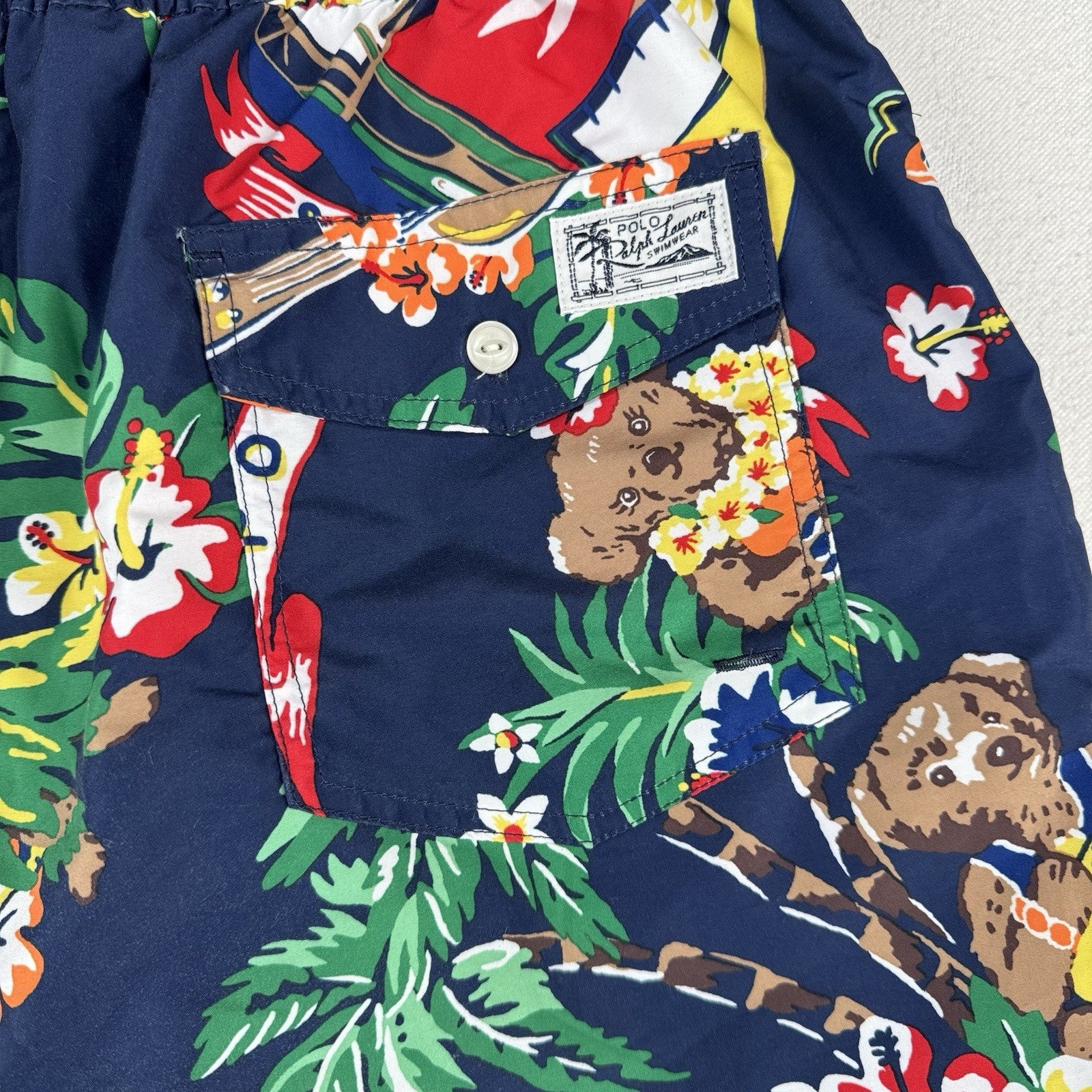Polo Ralph Lauren Swim Trunks Mens M Blue Bear Floral Mesh Lined Drawstring 5”