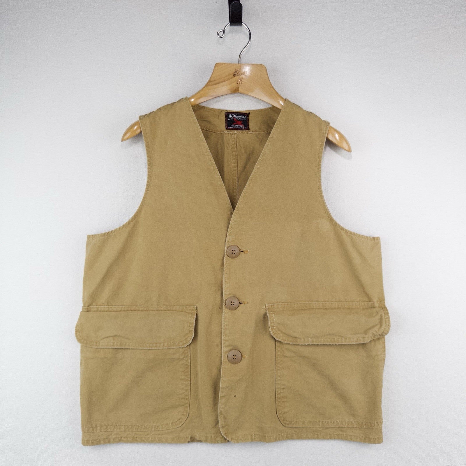 50's Vtg JC Higgins Hunting Shooting Vest Mens L (44) Canvas Khaki Tan Sportsman