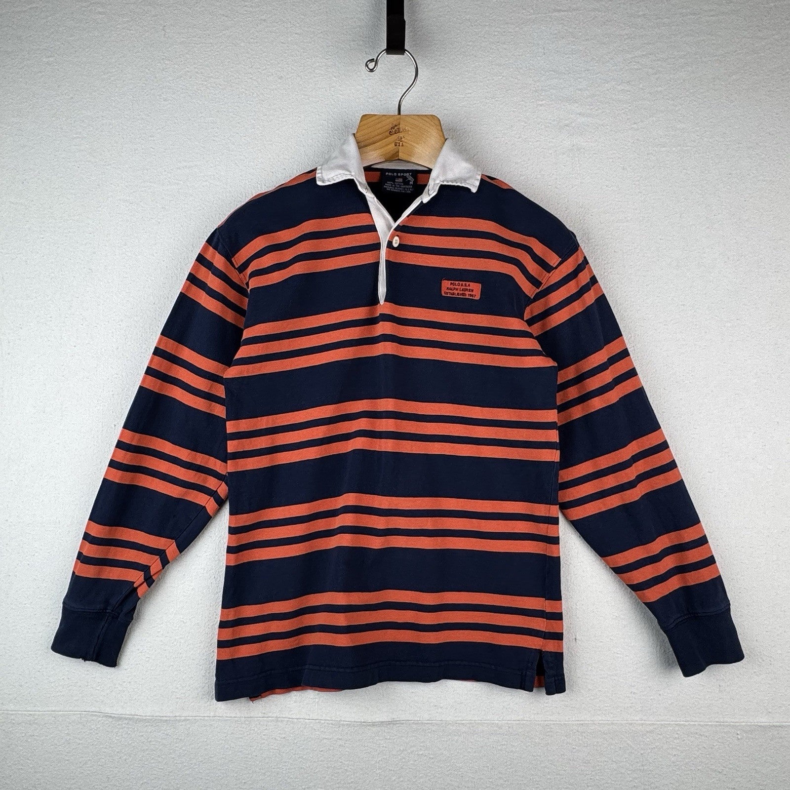 90’s Vtg Ralph Lauren Polo Sport Women’s Medium Orange Blue Stripe Shirt 17”