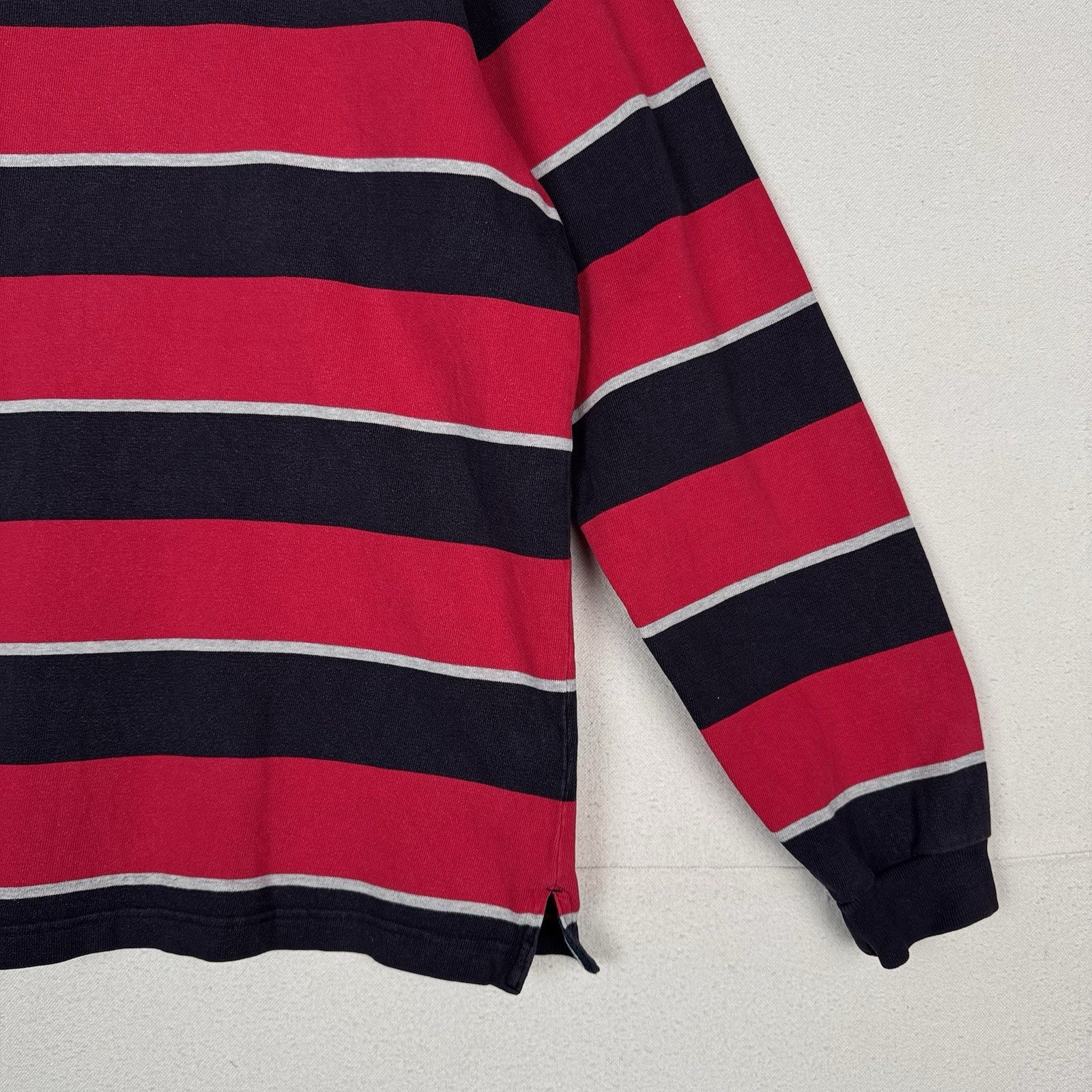 Vintage Lands End Rugby Shirt Mens Large 42-44 Red Blue Gray Striped Polo