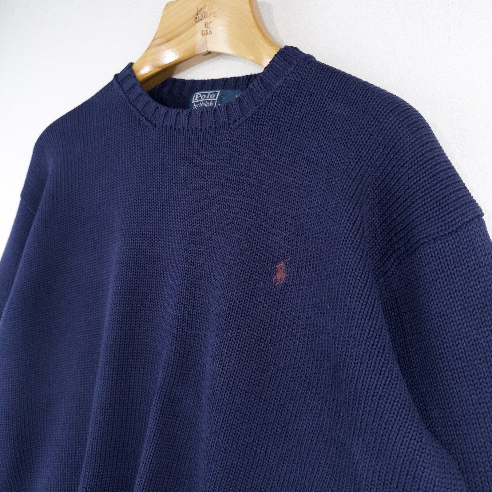 90's Vintage Polo Ralph Lauren Sweater Men's L Navy Blue Knit Crewneck Red Pony