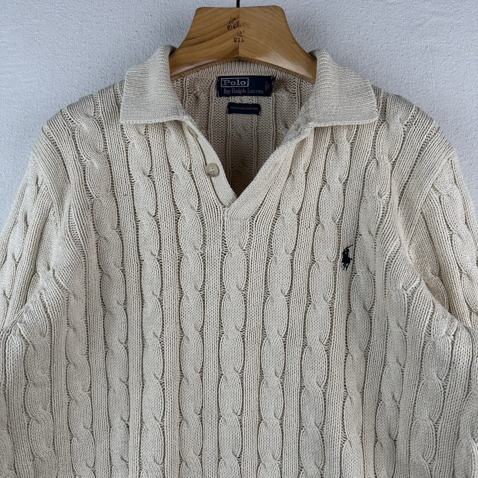 Vintage Polo Ralph Lauren Mens XL Cream Collared Cable Knit Sweater Pima Cotton