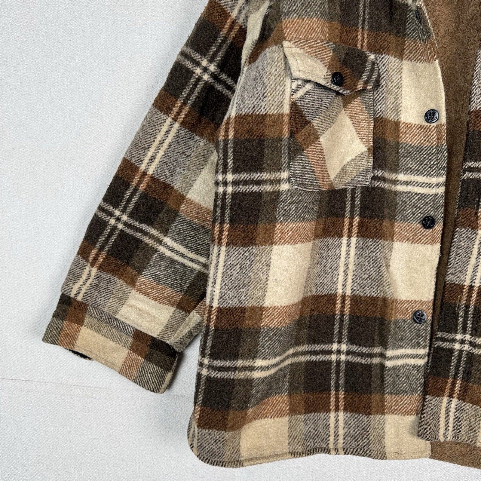 Vintage 70s CPO by Spiegel Mens Large Wool Blend Plaid Jacket Shacket Brown