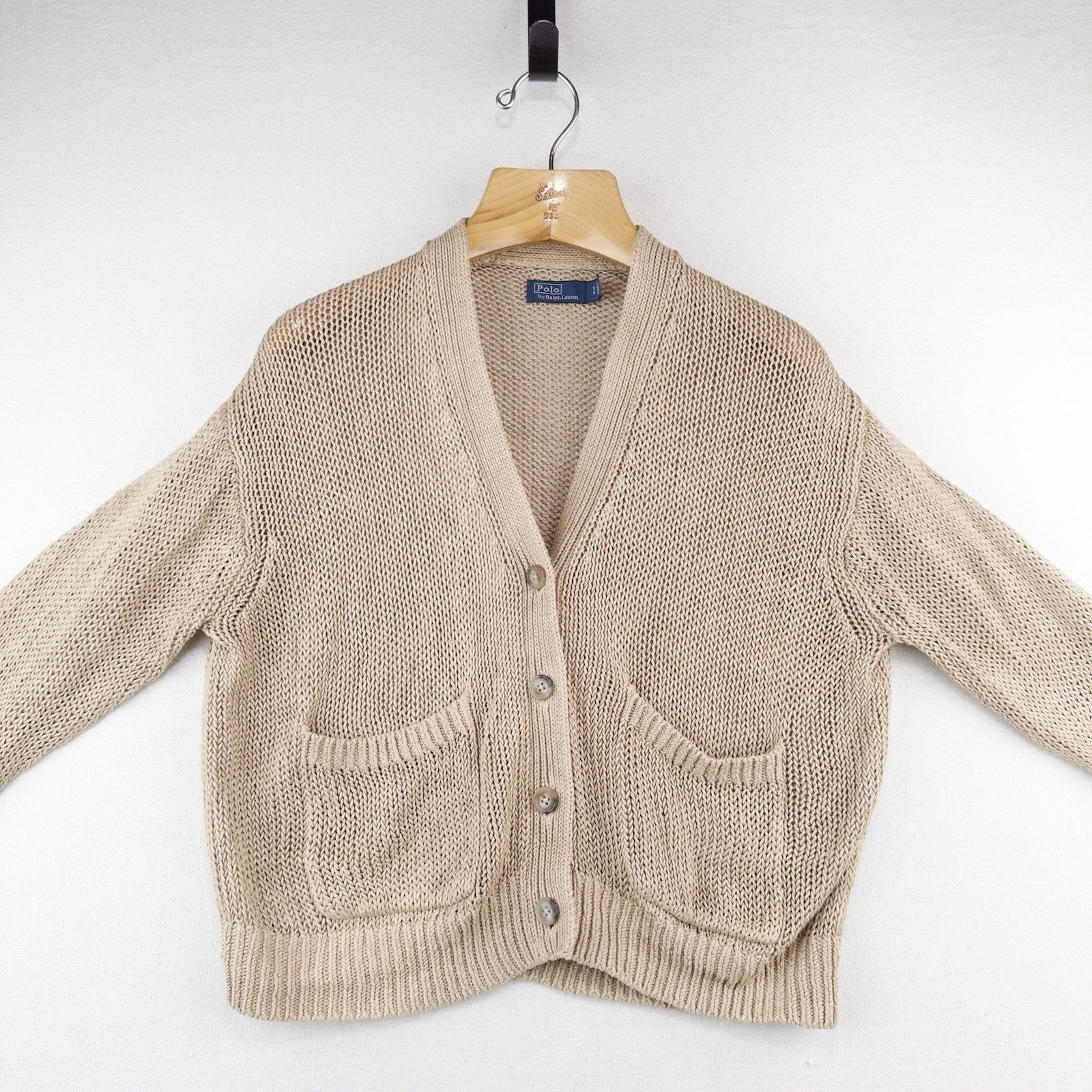 Polo Ralph Lauren Women’s S Tan Beige Linen Knit Button Front Cardigan Sweater