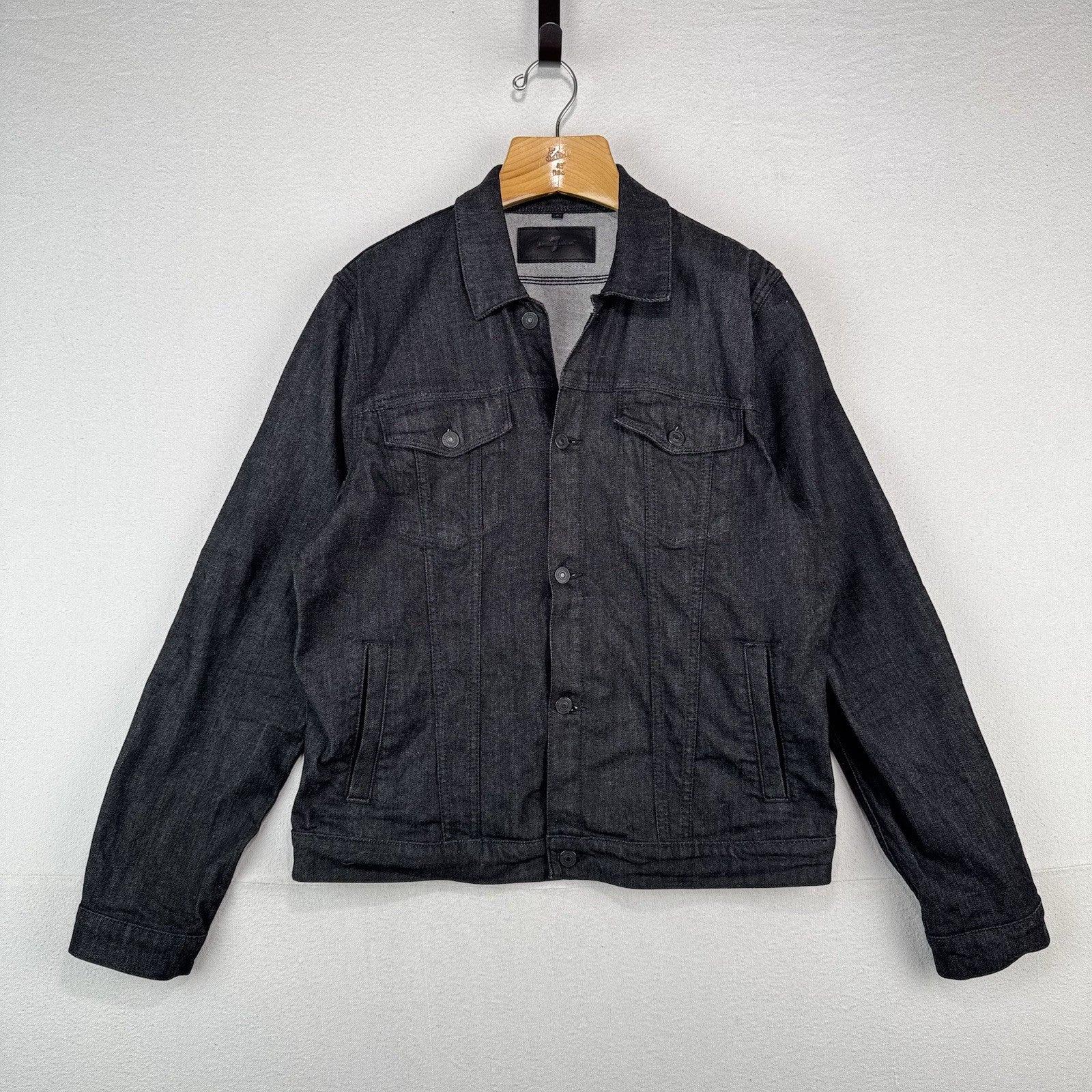 7 For All Mankind Denim Perfect Trucker Jacket Mens Large Black Stretch