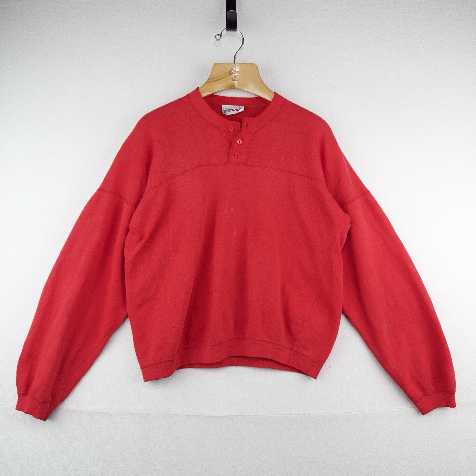 80’s Vtg Bassett Walker Henley Sweatshirt Men’s L 42-44 Faded Red *Distressed