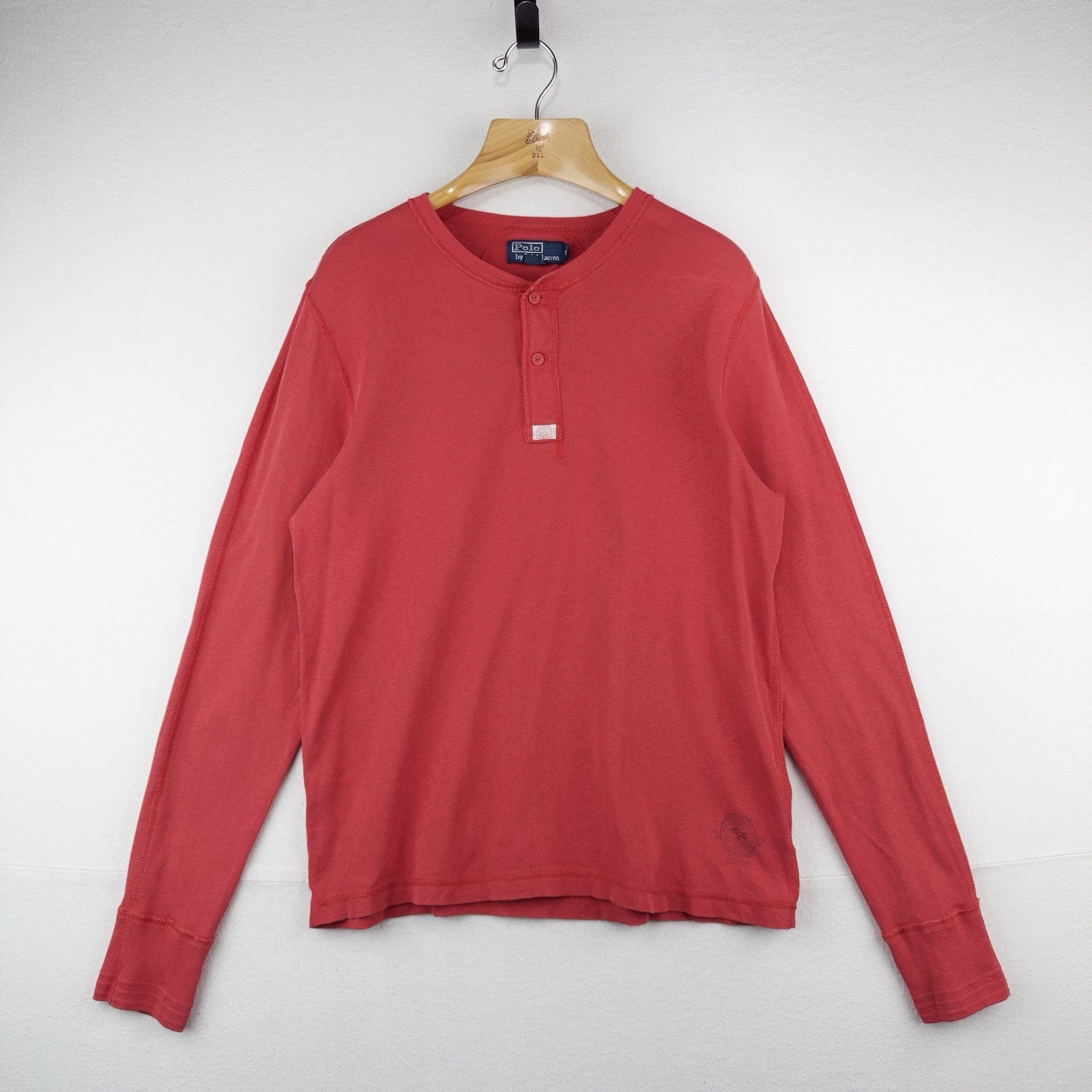 90's Vtg Polo Ralph Lauren Men's L Slub Jersey Long Sleeve Henley Shirt Coral Re