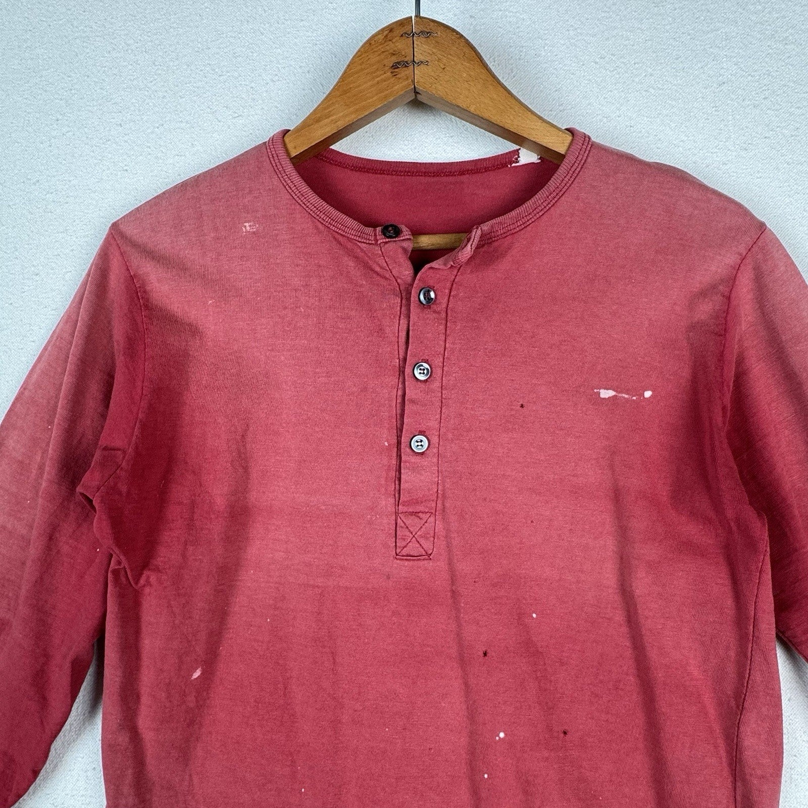 True Vintage 50s Kids Small Faded Distressed Red Henley Shirt Made In USA