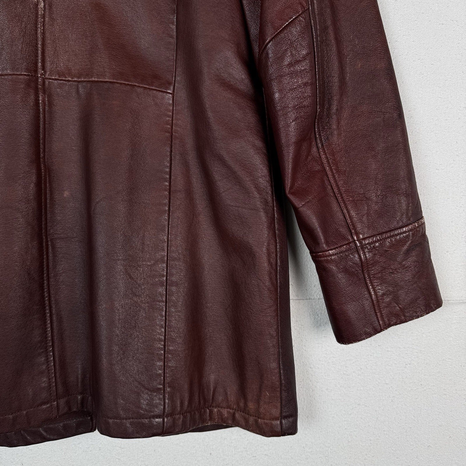 Vintage 90s Frye Leather Womens Large Jacket Coat Rust Brown Maroon Button Front