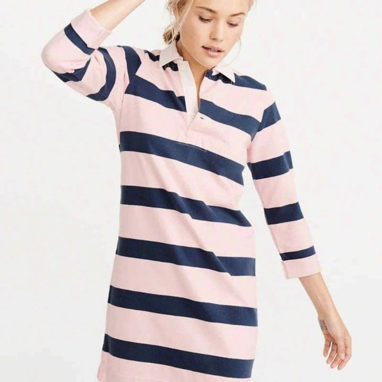 Abercrombie & Fitch Rugby Dress Woman’s Medium Blue Pink Stripe 3/4 Sleeve