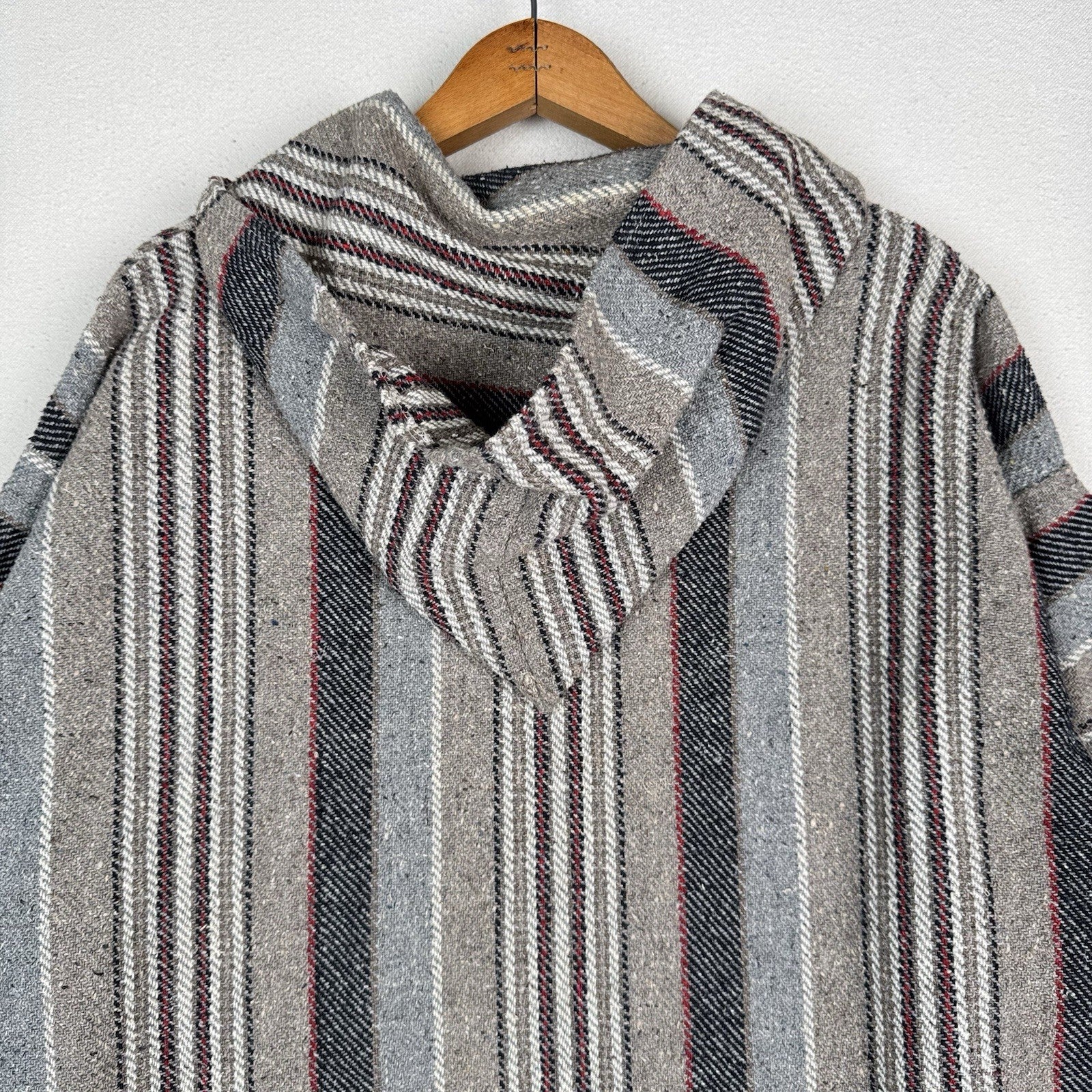 Vintage Baja Mexican Woven Blanket Hoodie Pullover Jacket Blue Gray Red XL Boho