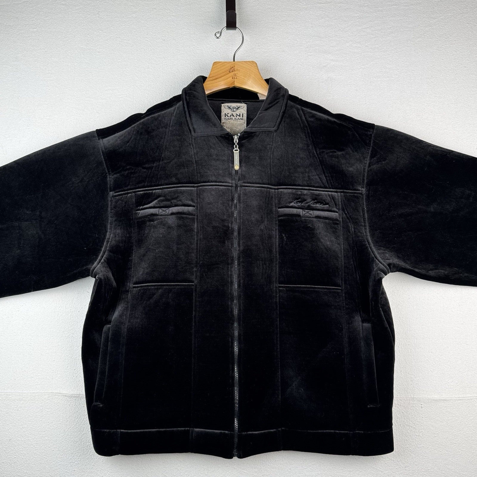 90’s Vtg Karl Kani Men’s 2XL XXL Black Velour Work Jacket Embroidered Logo Zip