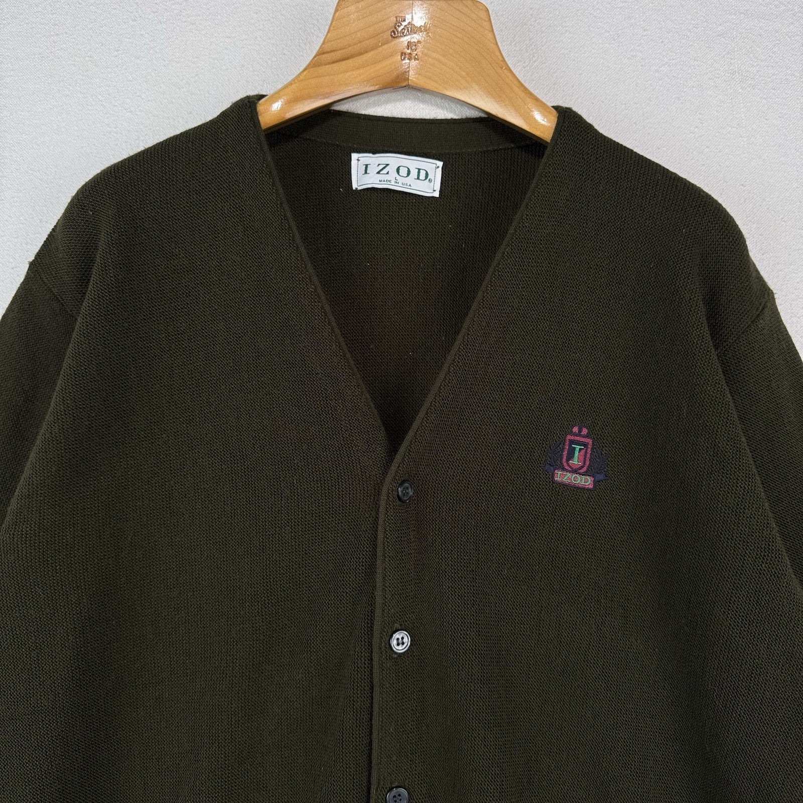 80’s Vintage Izod Cardigan Sweater Men's Large Olive Army Khaki Green Made USA
