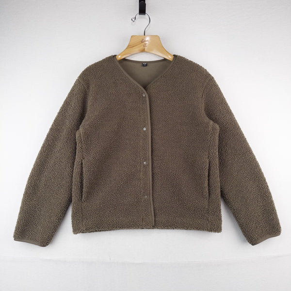 Uniqlo Pile Fleece Military Crew Cardigan Sweater Jacket Coffee Brown Small (38)