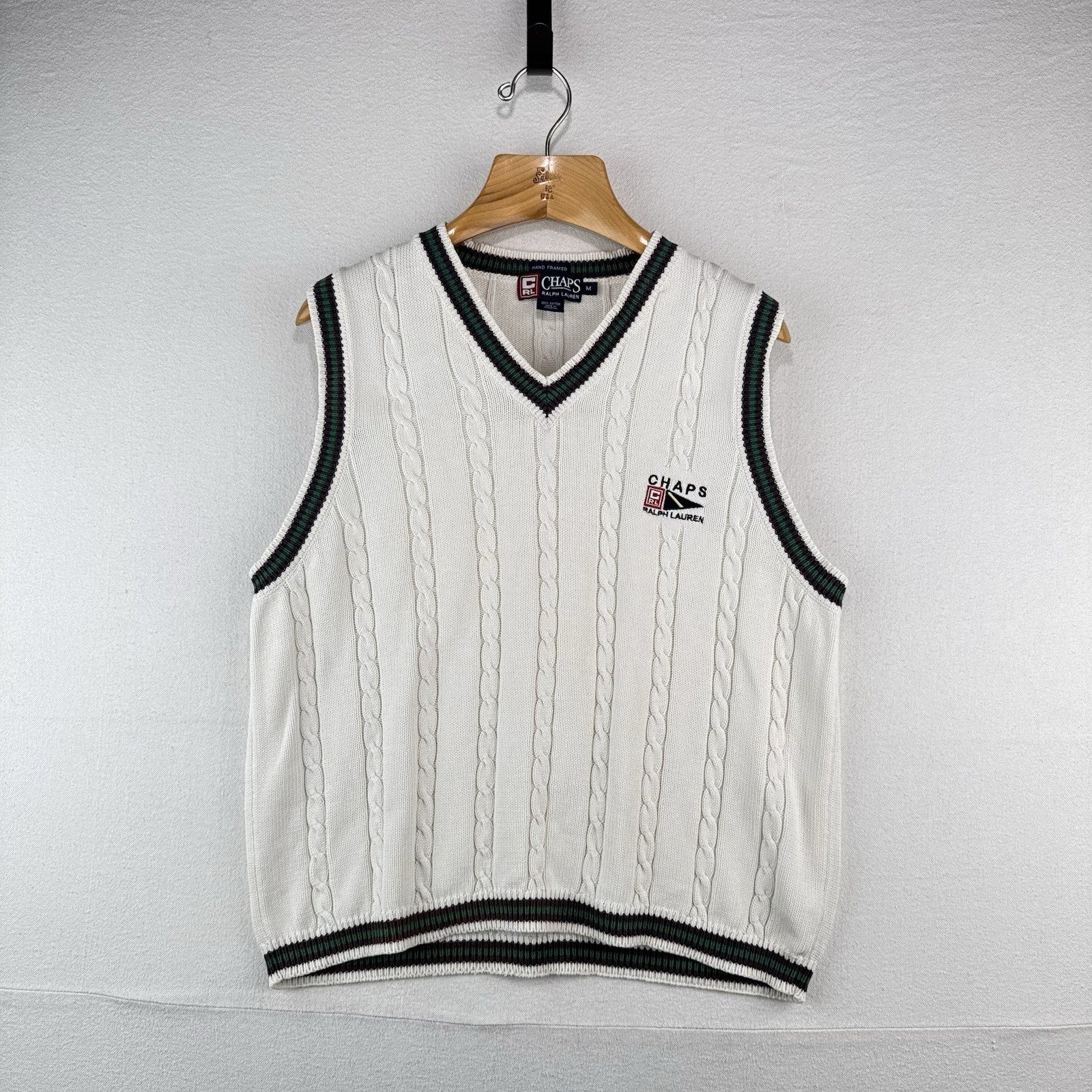 90’s Vtg Chaps by Ralph Lauren Men’s M Cream Cable-knit Cricket Vest Hand Framed