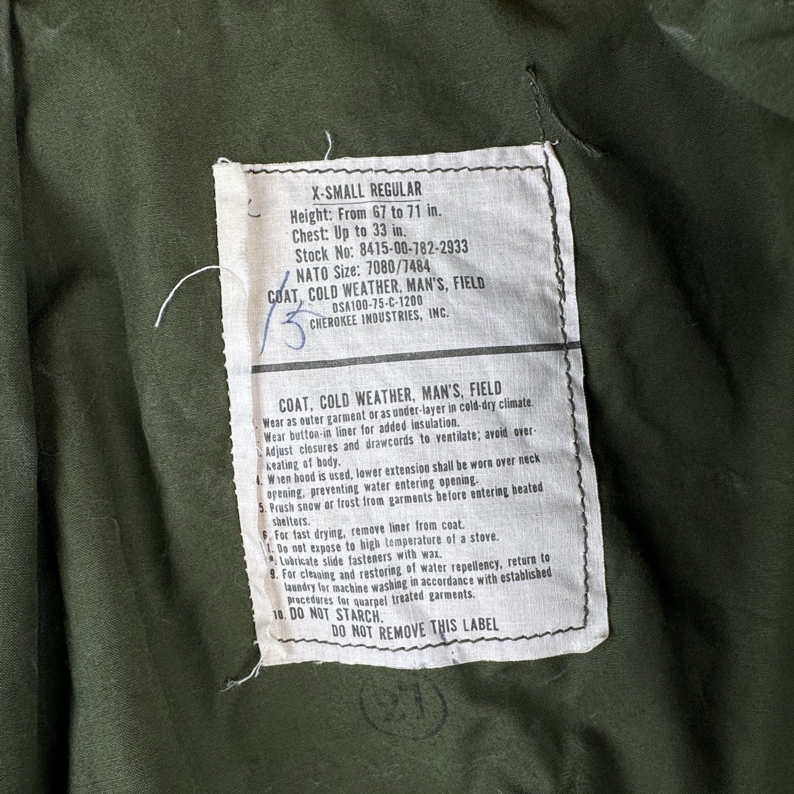 70’s Vtg Military Cold Weather Field Coat Jacket Size X-Small Regular OG-107