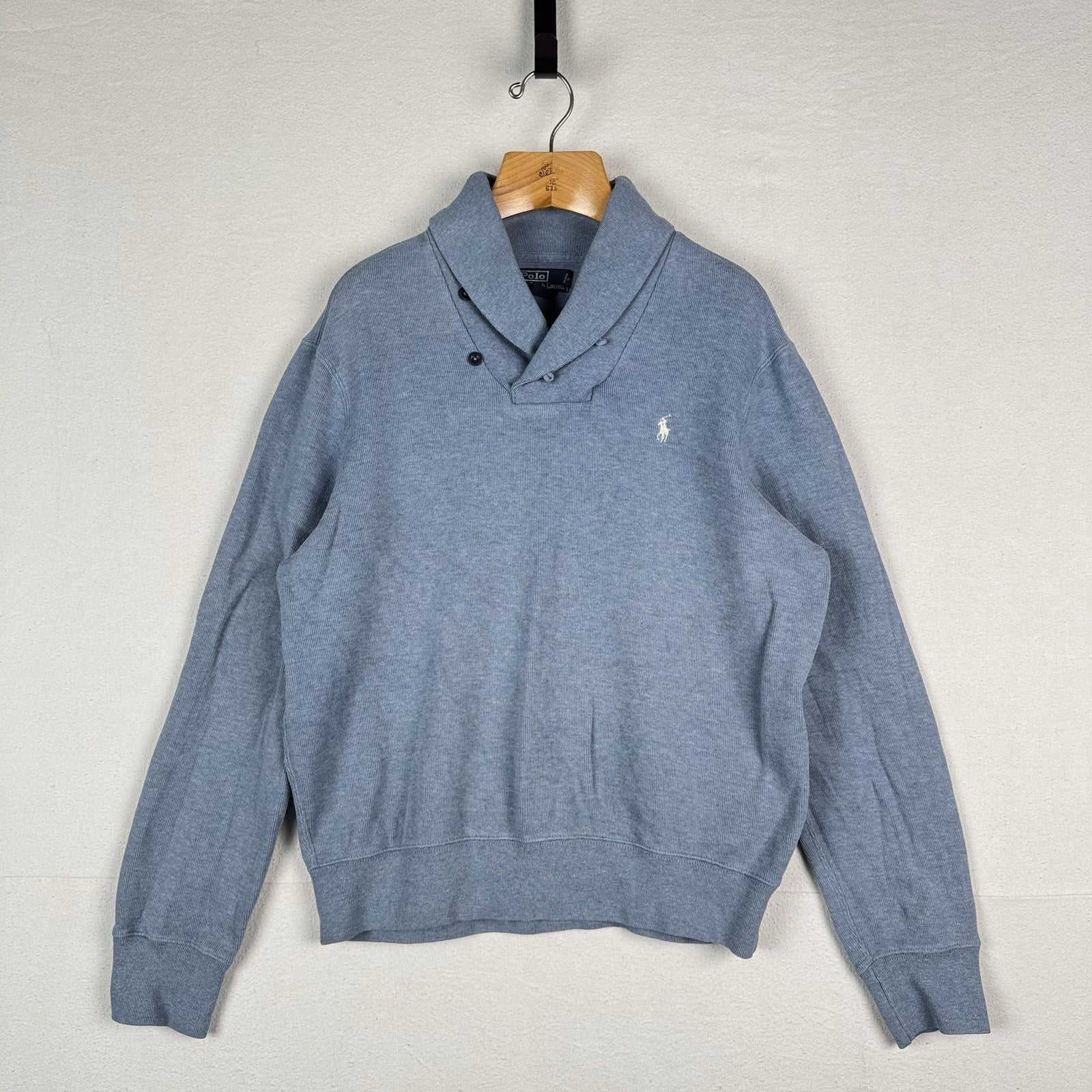 Vintage Polo Ralph Lauren Men's Large Shawl Collar Pullover Sweater Blue *Read
