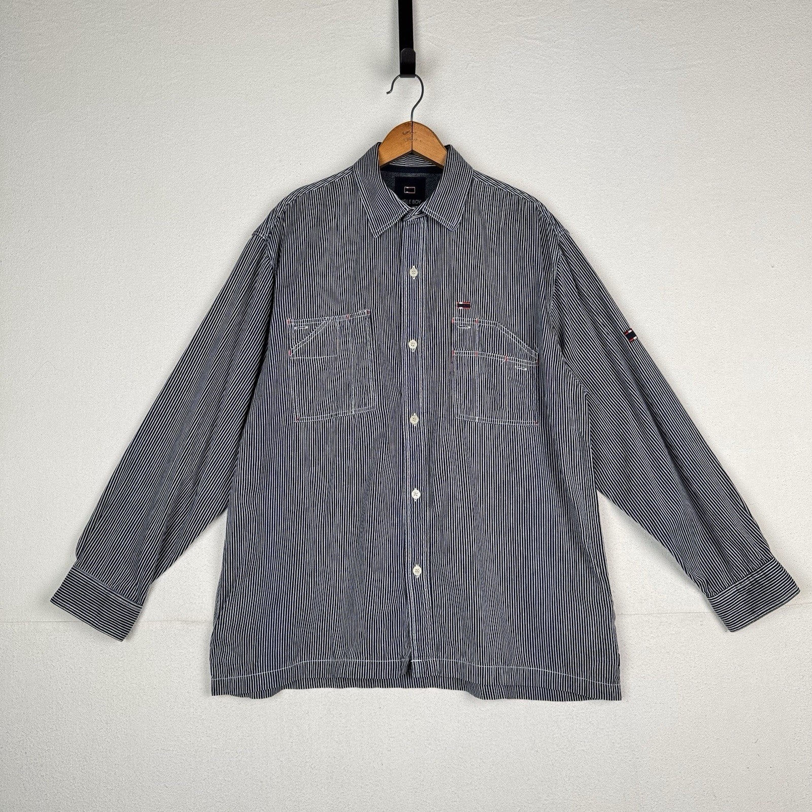 Vintage Bugle Boy 80s 90s Engineer Striped Long Sleeve Button Shirt Blue Men’s L