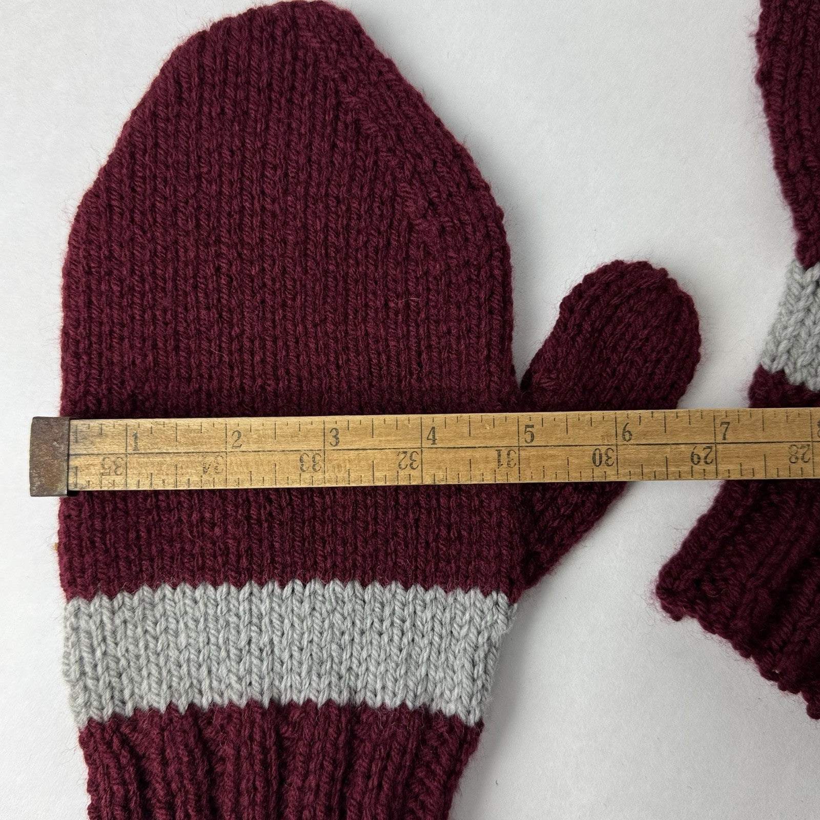 Hand Knit Mittens Burgundy Wine Red Gray Stripe Adult 10”x5”