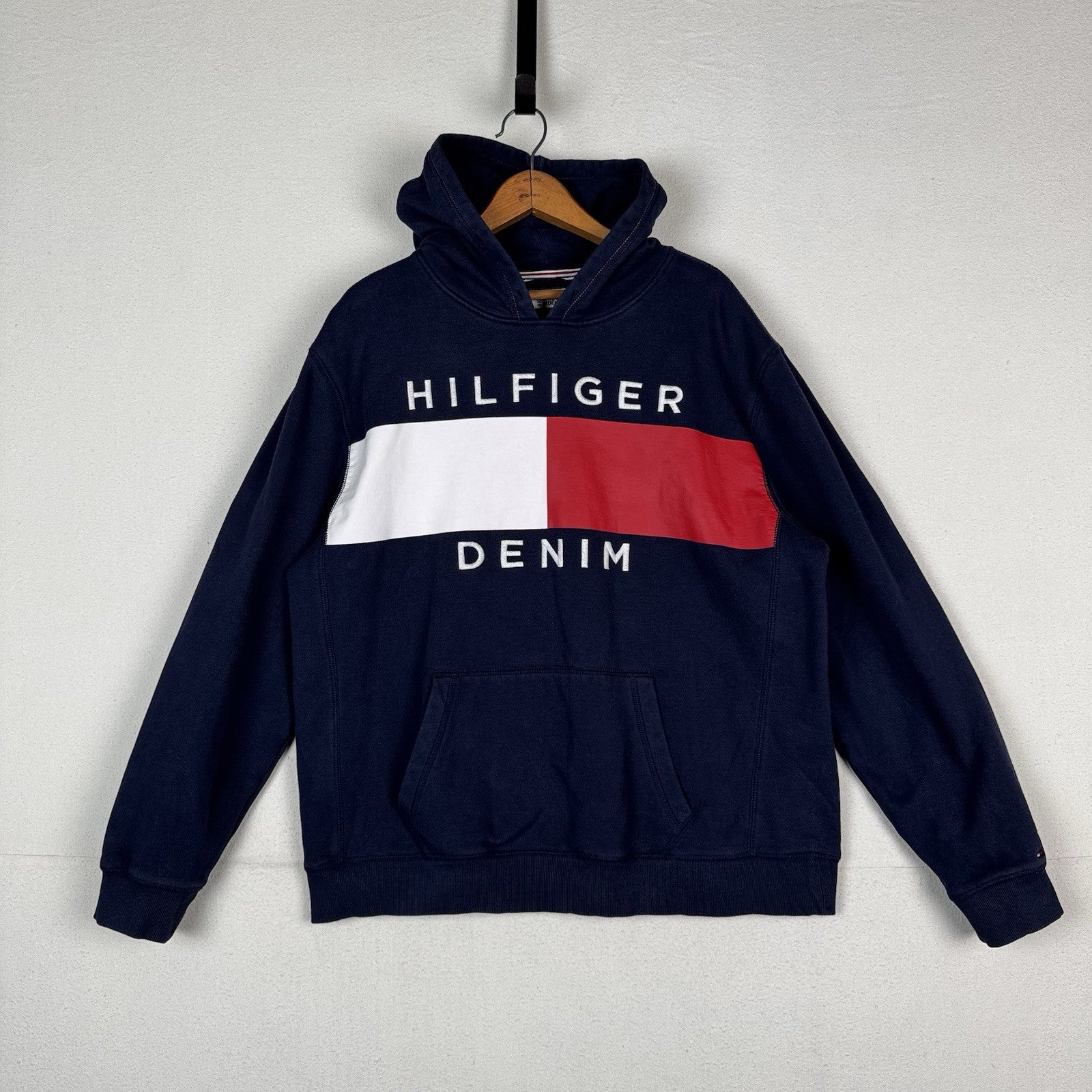 Tommy Hilfiger Men's Flag Logo Spell Out Hoodie Sweatshirt Blue XXL 2XL