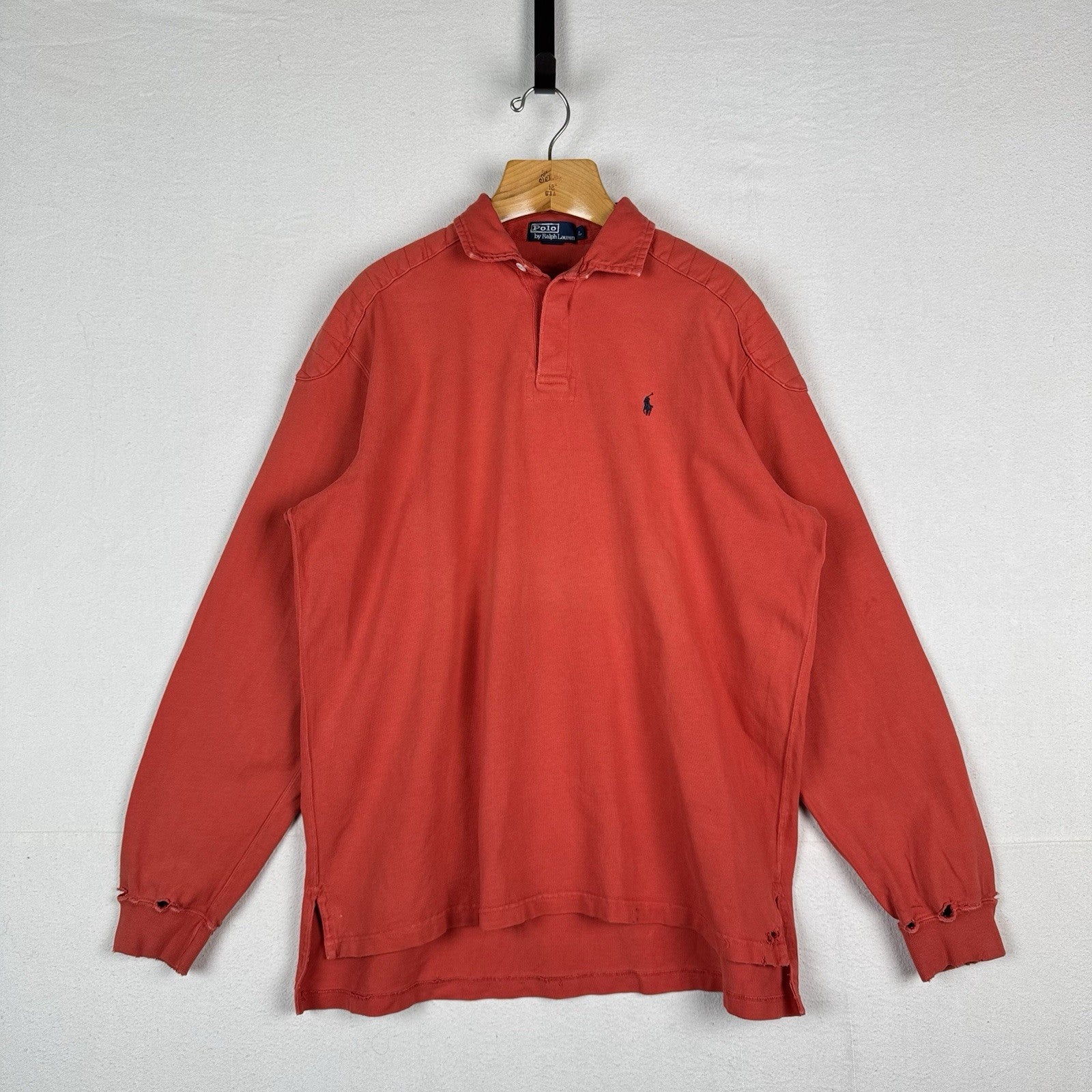 90’s Vtg Polo Ralph Lauren Rugby Shirt Mens L Orange Quilted Elbows *Distressed