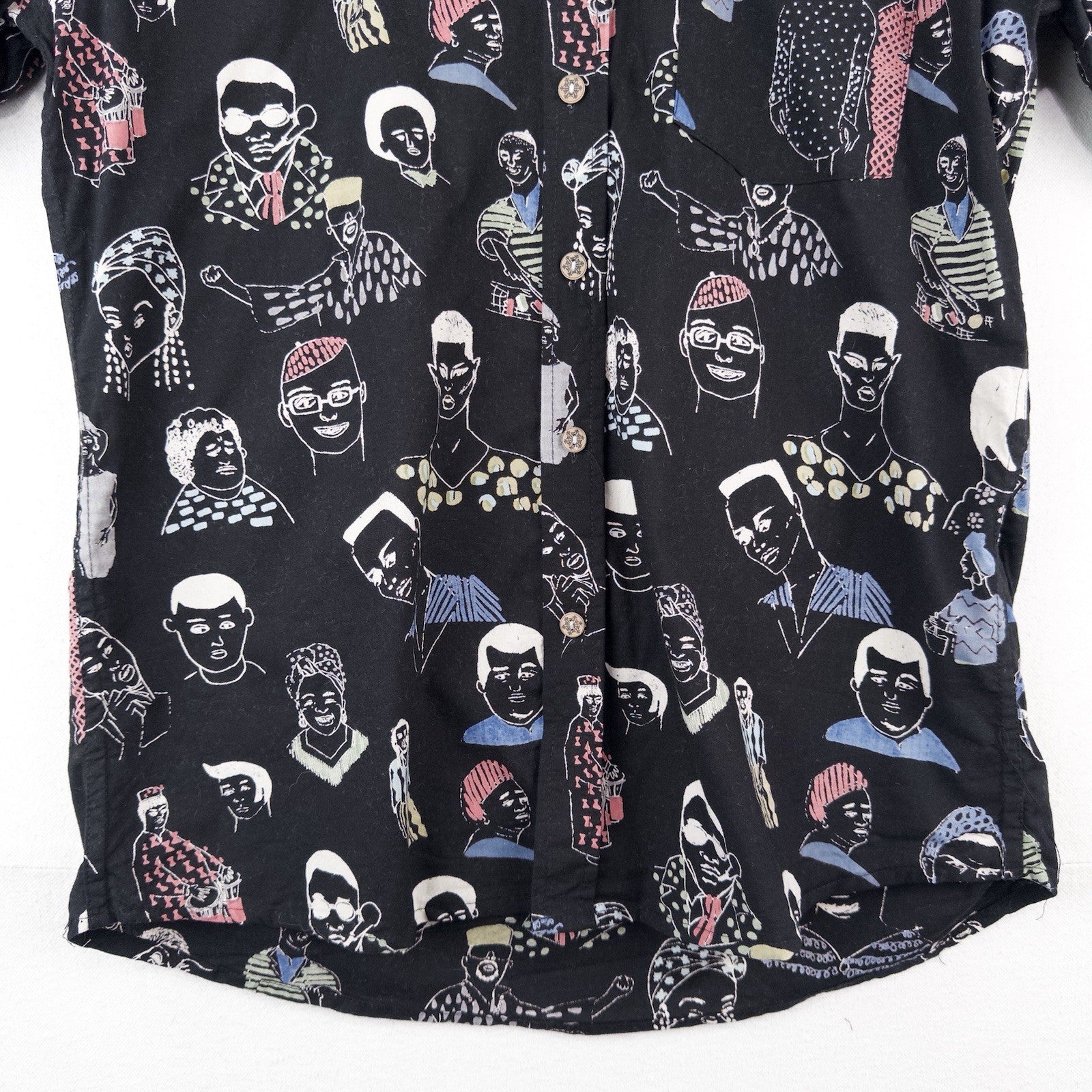 Hand Drawn People Face Illustrated All Over Print Short Sleeve Buttonup Shirt XL