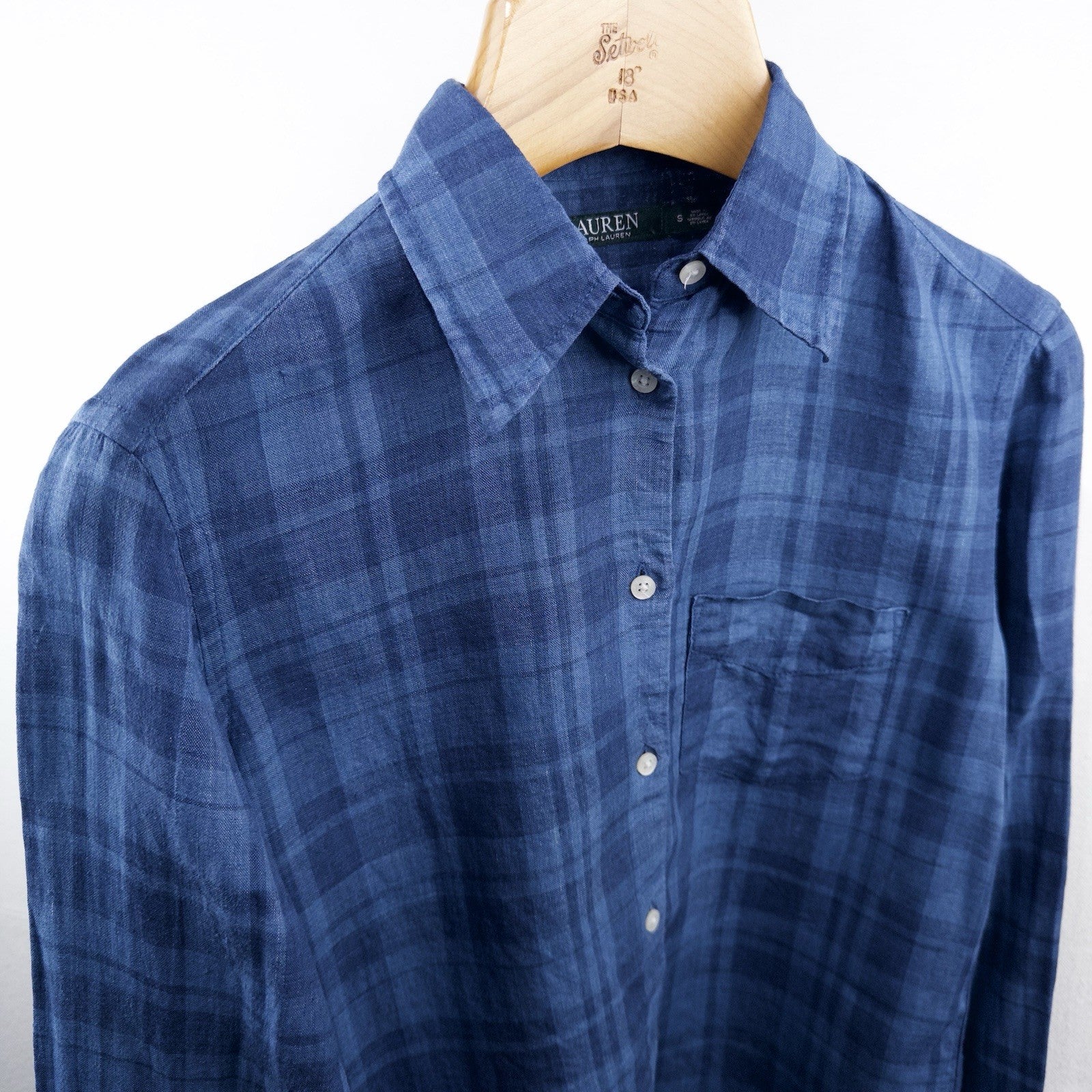 Lauren Ralph Lauren Women's Small Linen Blue Plaid Popover Shirt
