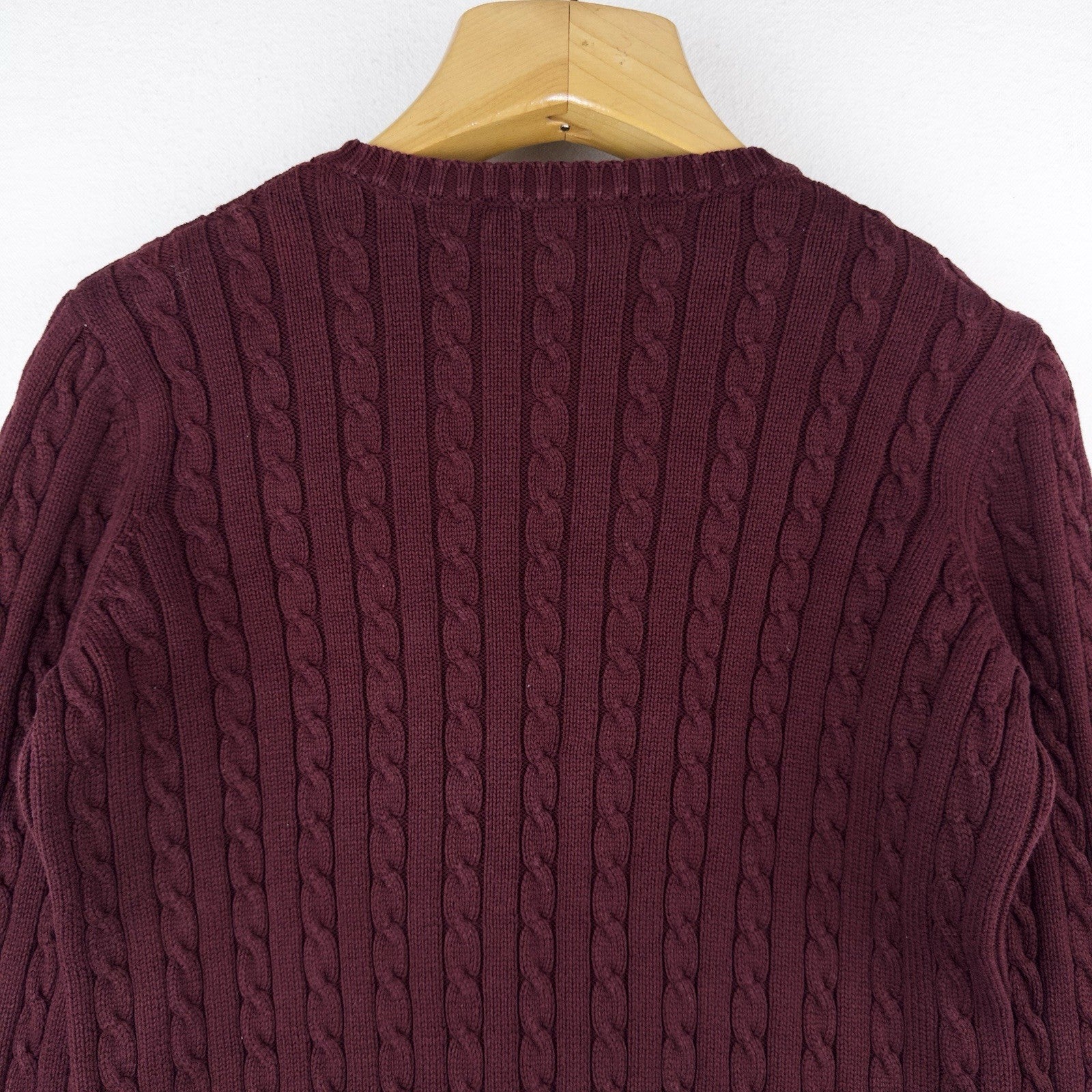 Ralph Lauren LRL Womens Small Maroon 100% Cotton Sweater 3D Cable Knit Crewneck