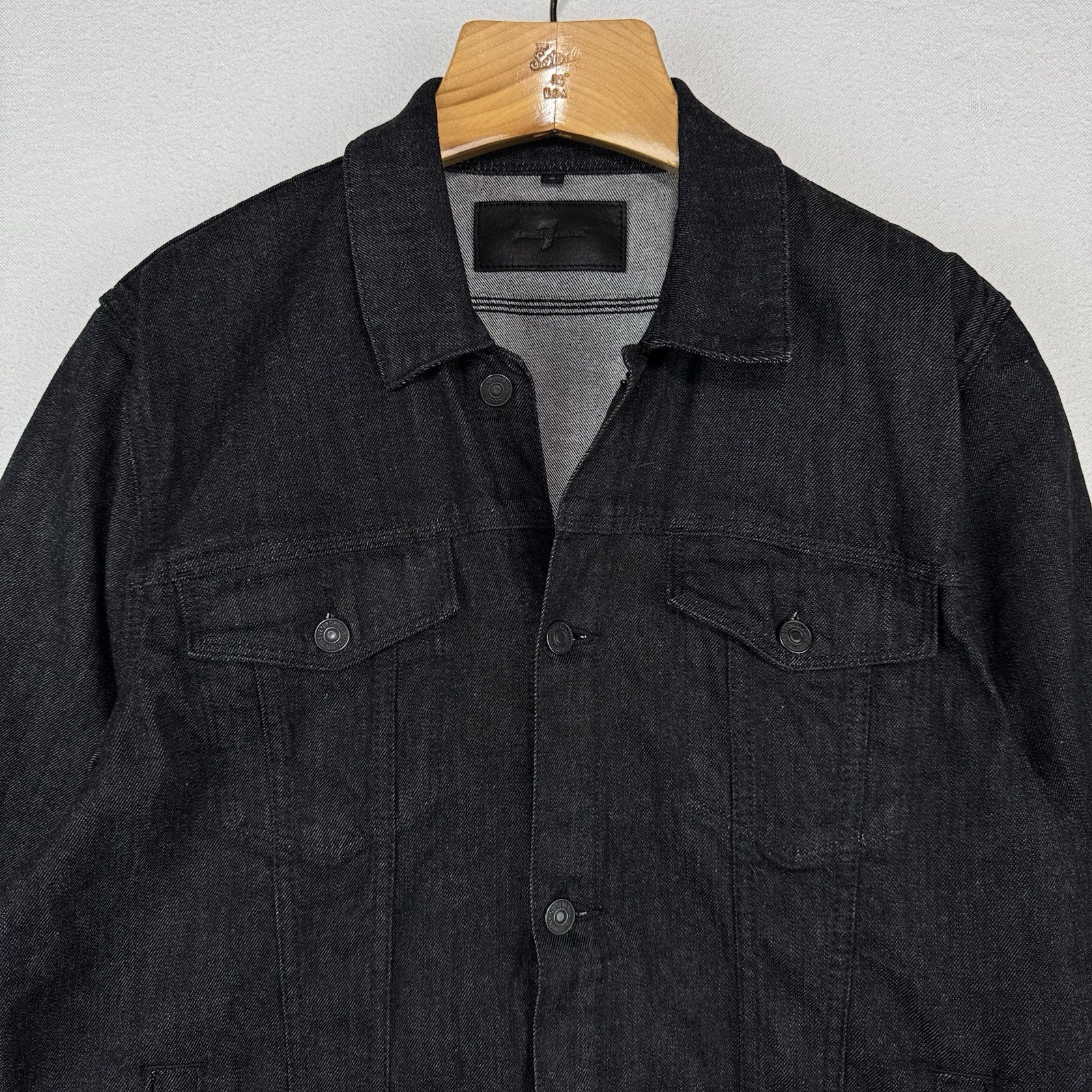 7 For All Mankind Denim Perfect Trucker Jacket Mens Large Black Stretch