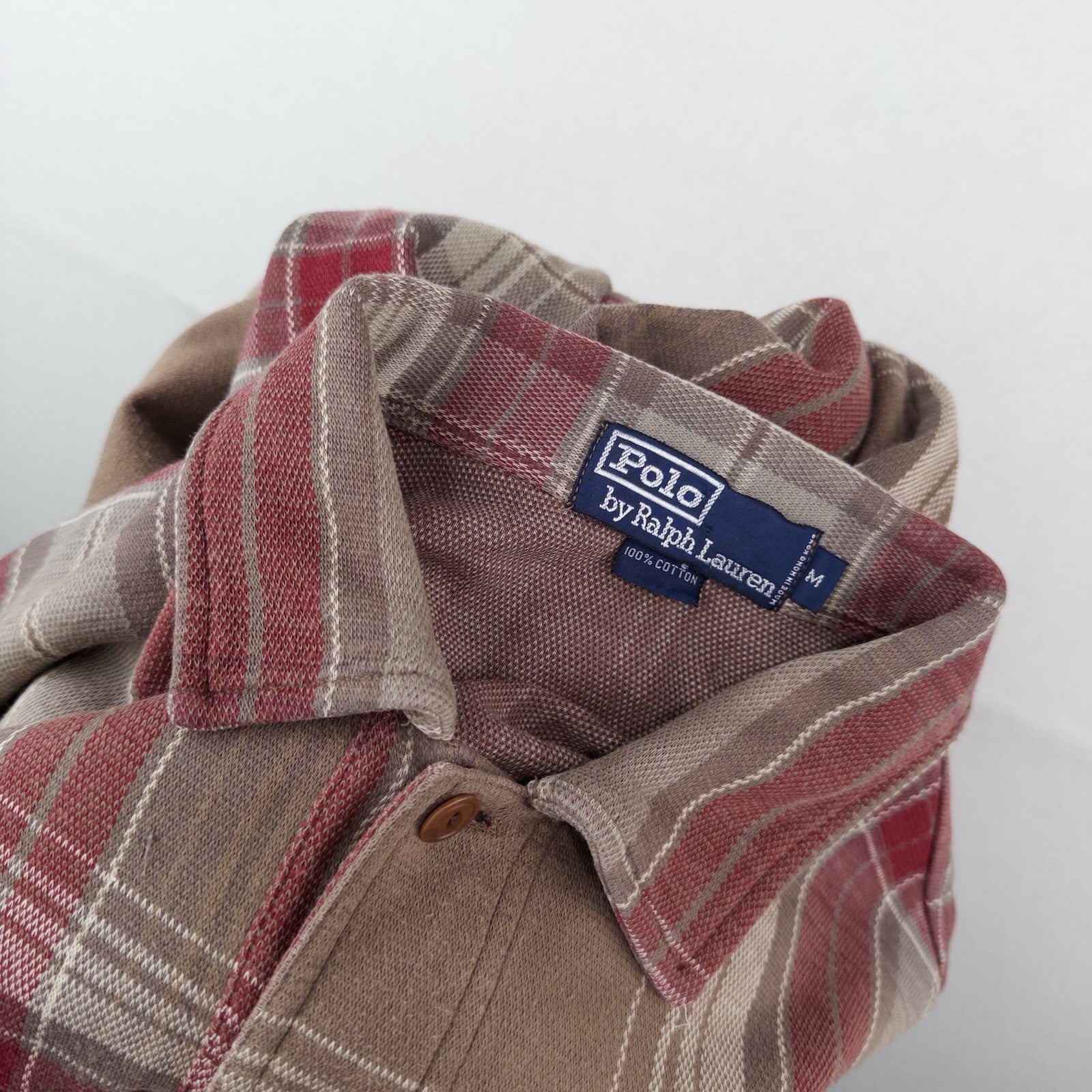 90’s Vtg Polo Ralph Lauren Men’s M Tan Brown Plaid Half Button Popover Shirt