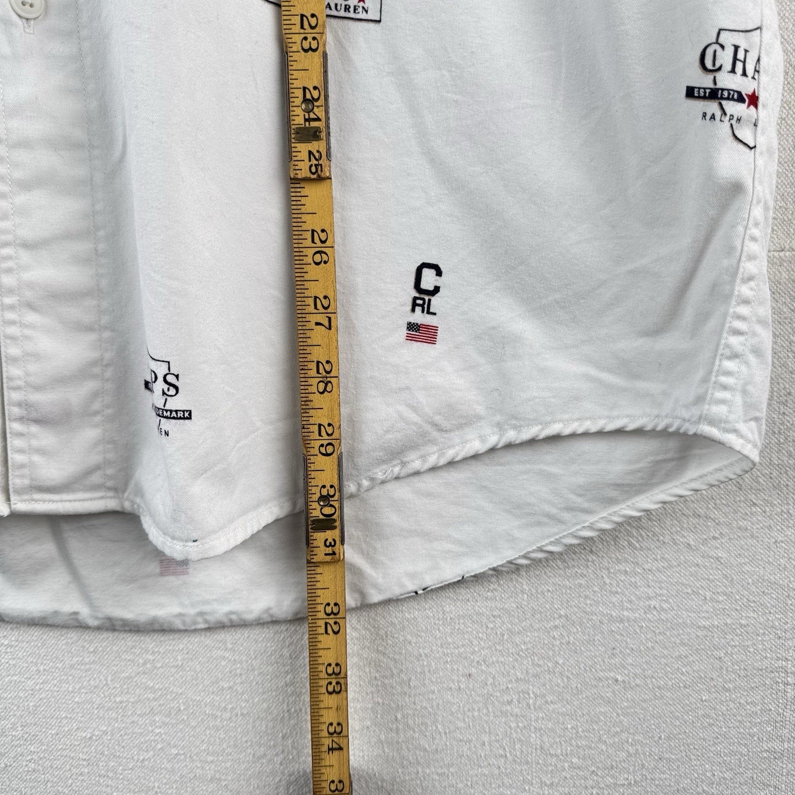 Vintage Ralph Lauren Chaps Mens L White All Over Print Shirt RL Flag