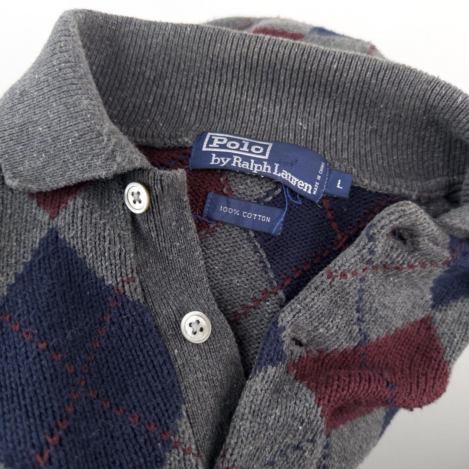 90’s Vtg Polo Ralph Lauren Mens L Argyle 100% Cotton  Collared Sweater Blue Gray