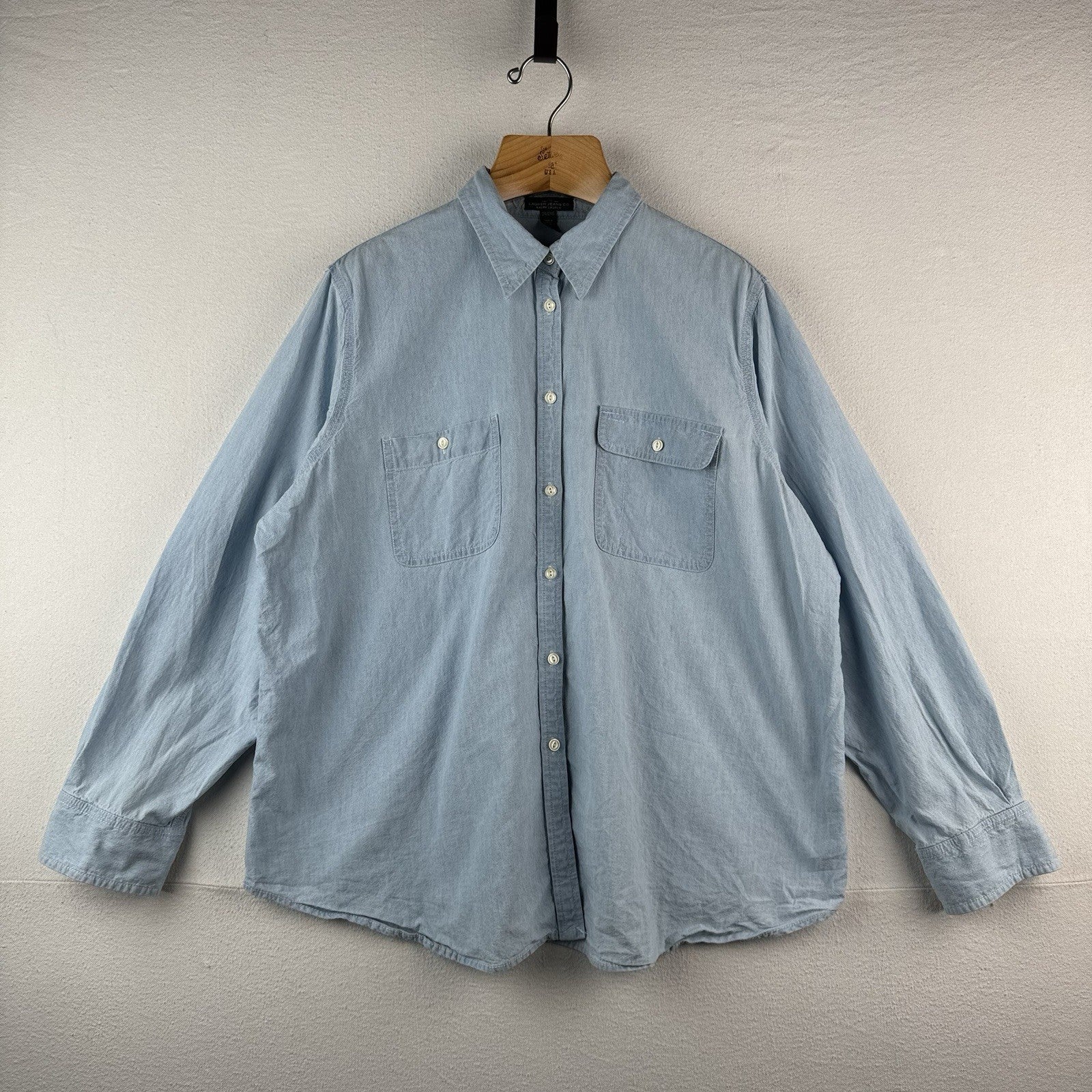Lauren Ralph Lauren Women's 2X Blue Chambray Button Down Shirt 100% Cotton