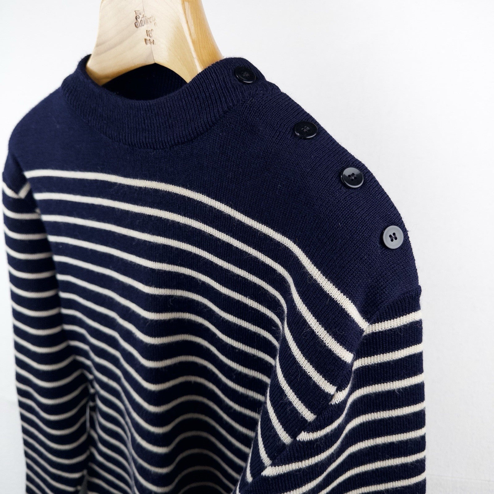 70’s Saint James Wool Sweater Bretone Stripe Button Shoulder Made France Blue M