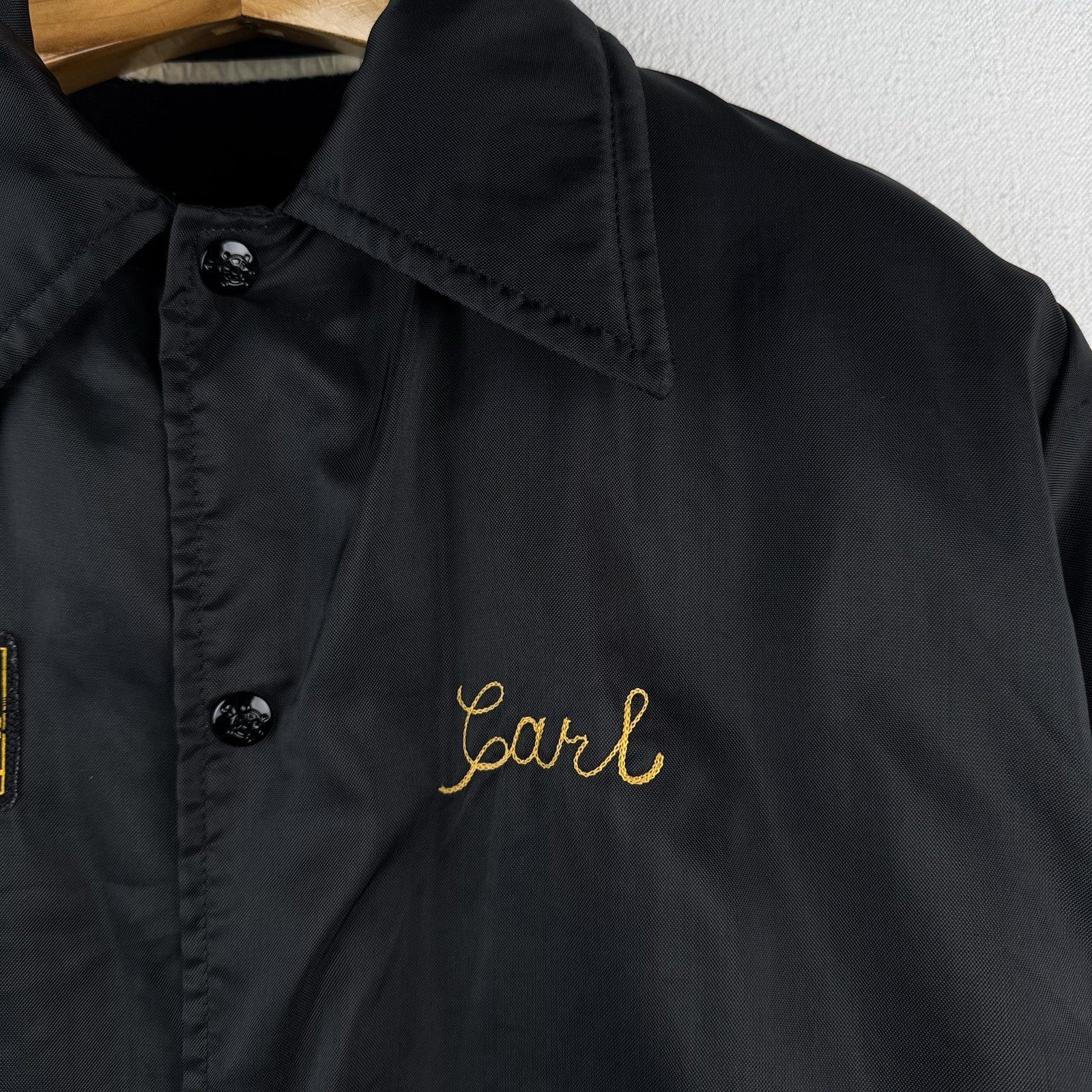 70's Vtg Parker Hannifin Fleece Lined Coach Jacket Chain Stitched "Carl" Black L
