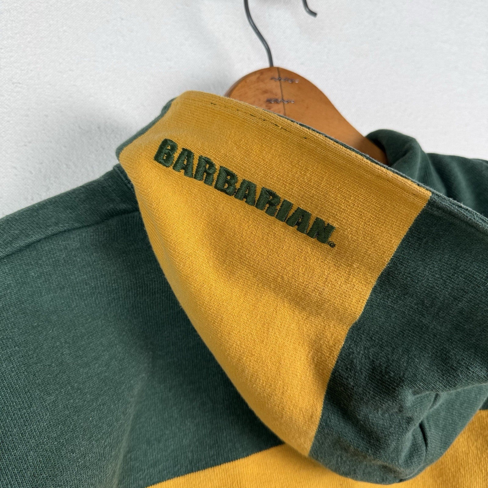 Barbarian Hooded Rugby Mens Medium Green Yellow Striped Pullover