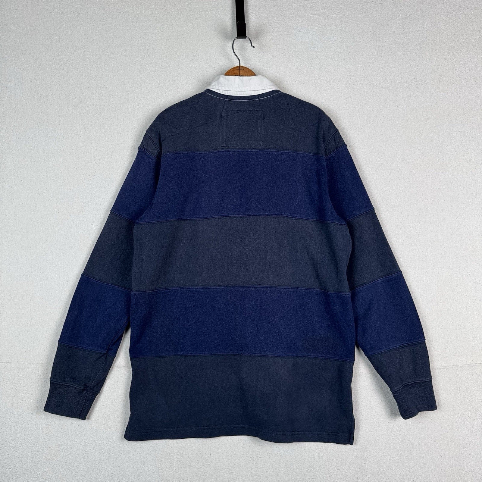 Eddie Bauer Mens Large Blue Striped Collared Rugby Polo Long Sleeve *Read