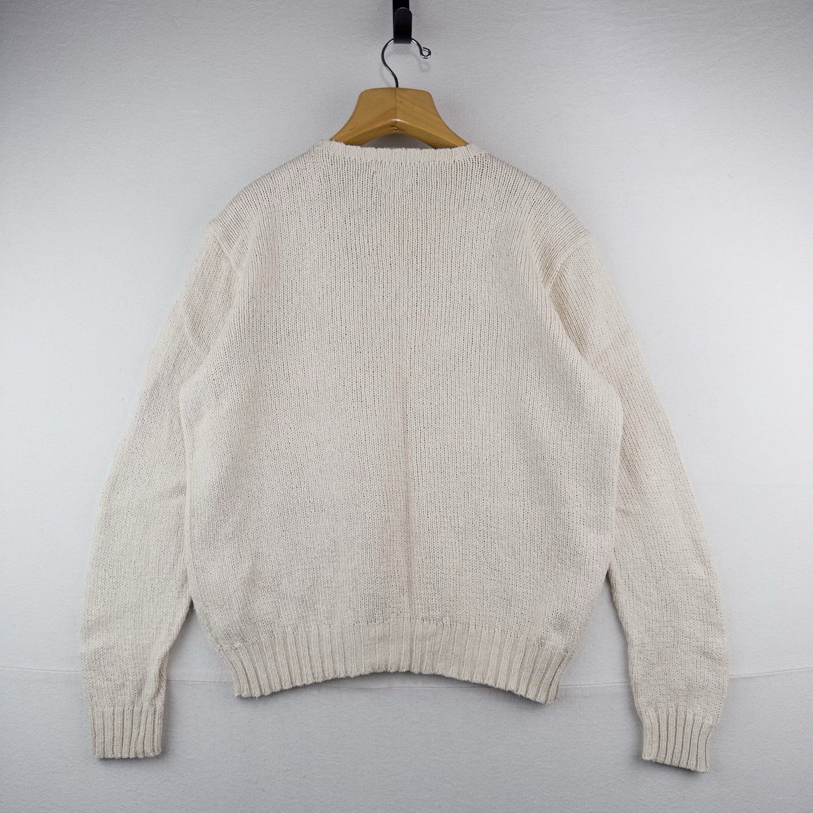 90s Vtg Polo Ralph Lauren Sweater Men's XL Cream 100% Cotton Crewneck Navy Pony