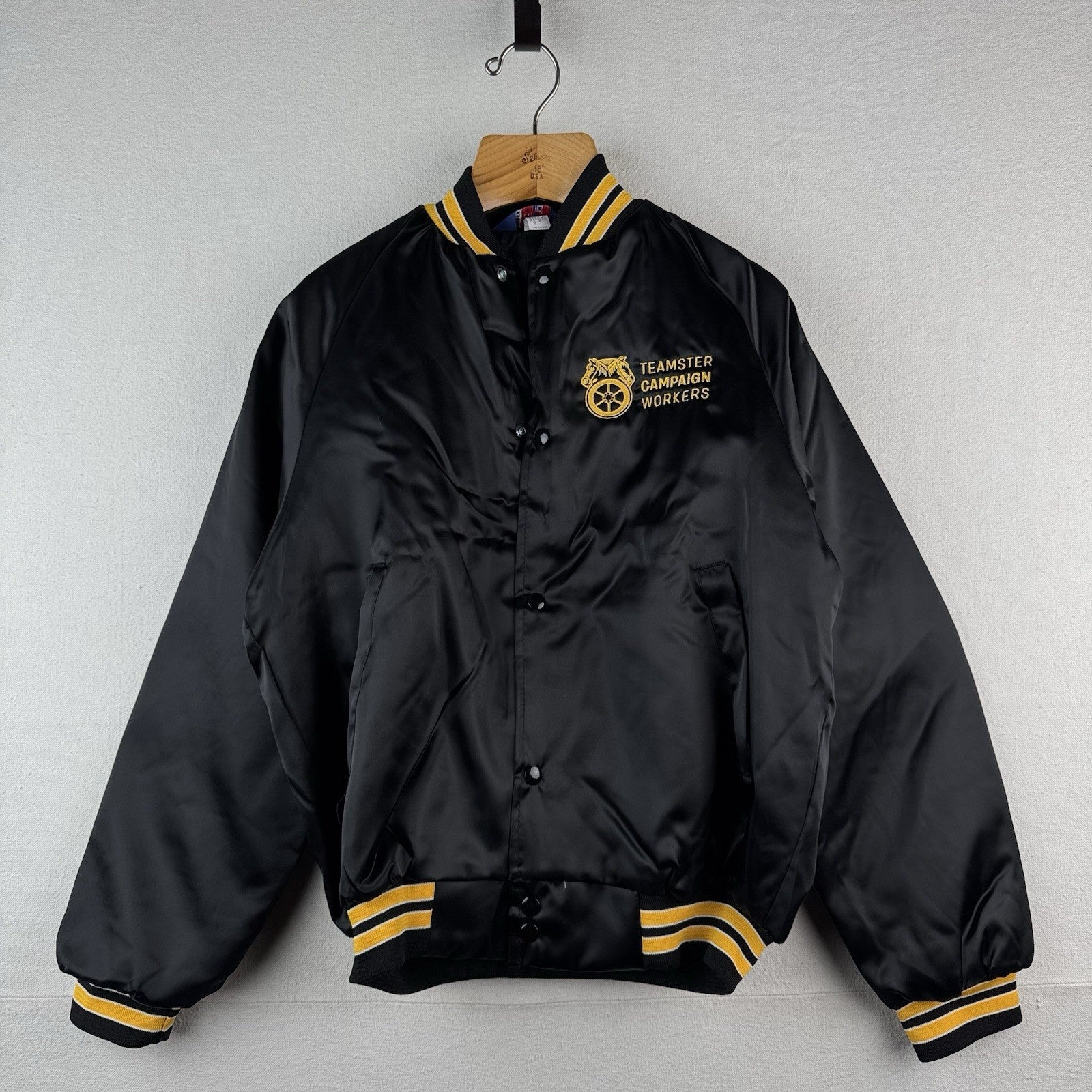 Teamsters Campaign Worker Black Satin Bomber Jacket Men's Small Made USA