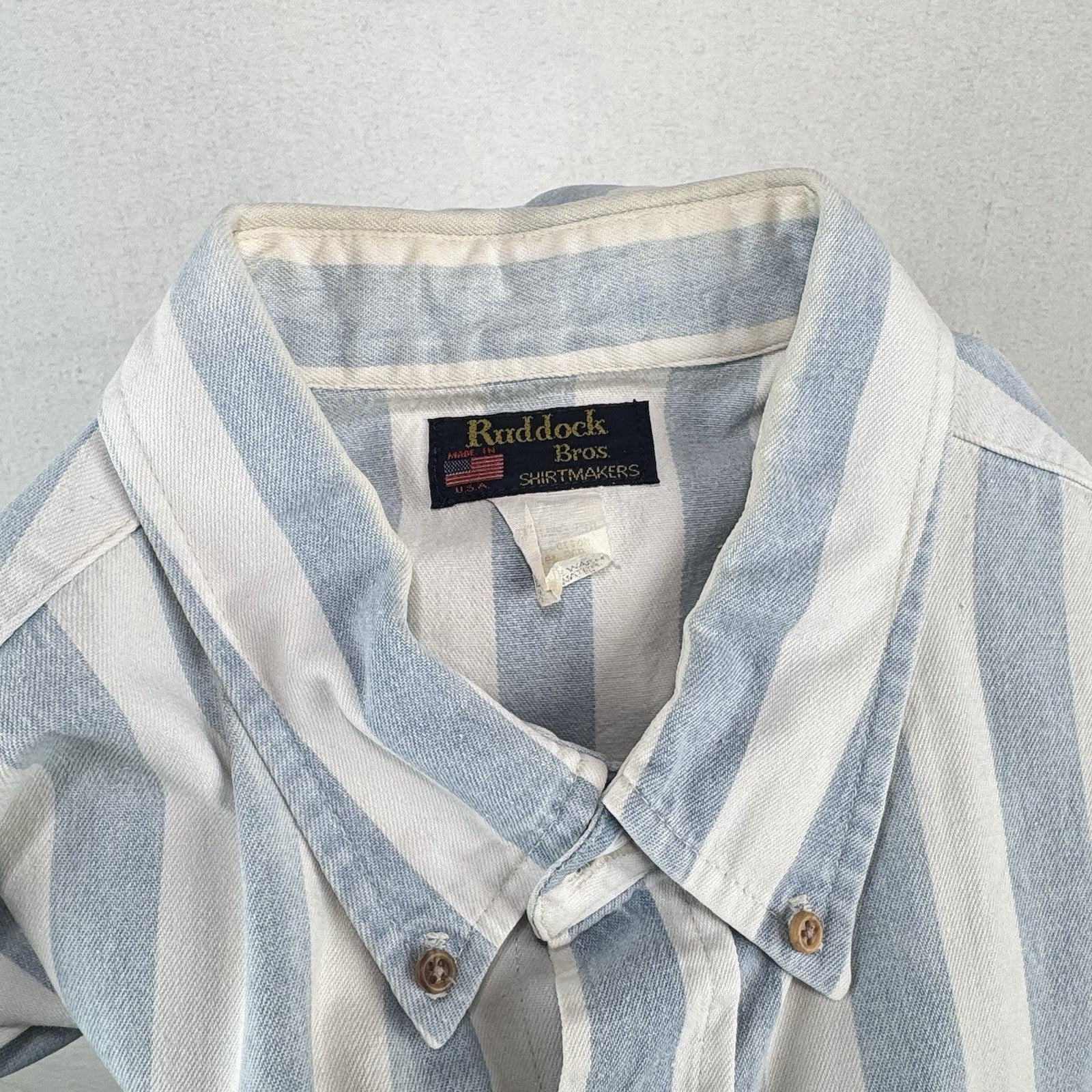 Vtg Ruddock Bros Western Denim Shirt Blue White Stripe Mens 2XL Made USA *Faded