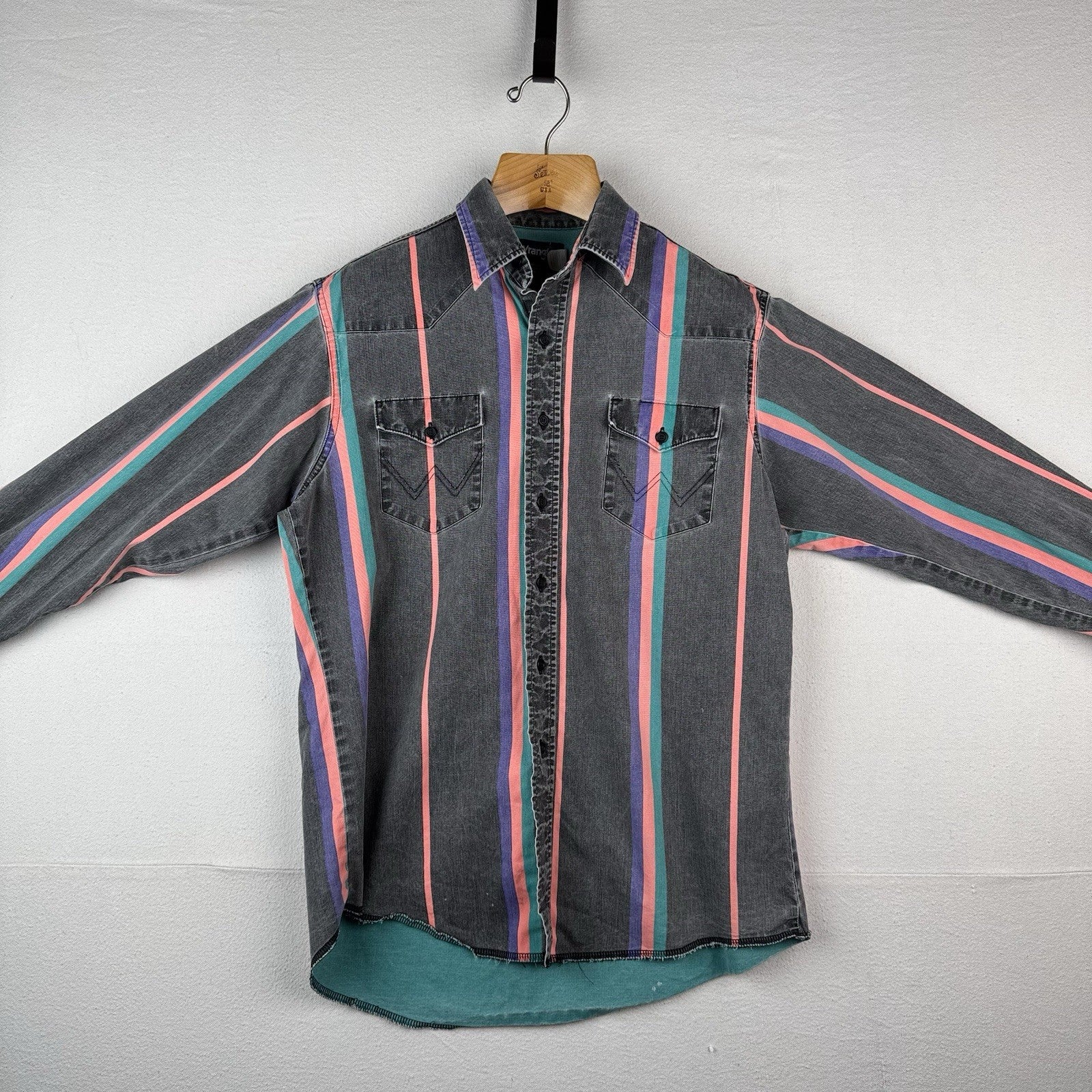Vtg Wrangler Brushpopper Shirt Men 16.5x35 Pink Blue Stripe Western Cowboy Rodeo