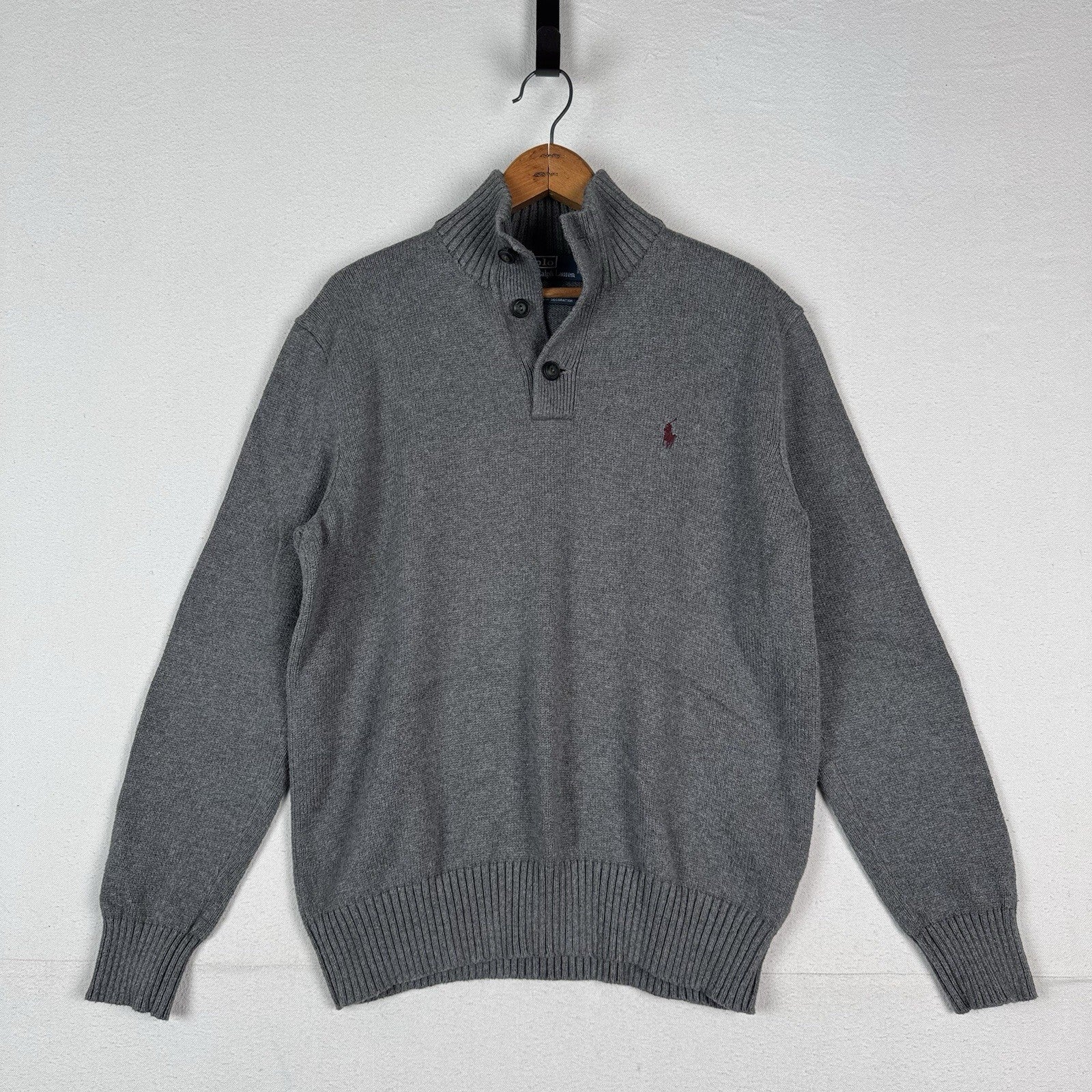Vintage Polo Ralph Lauren 1/4 Button Neck Sweater Men’s L Gray Cotton Pullover