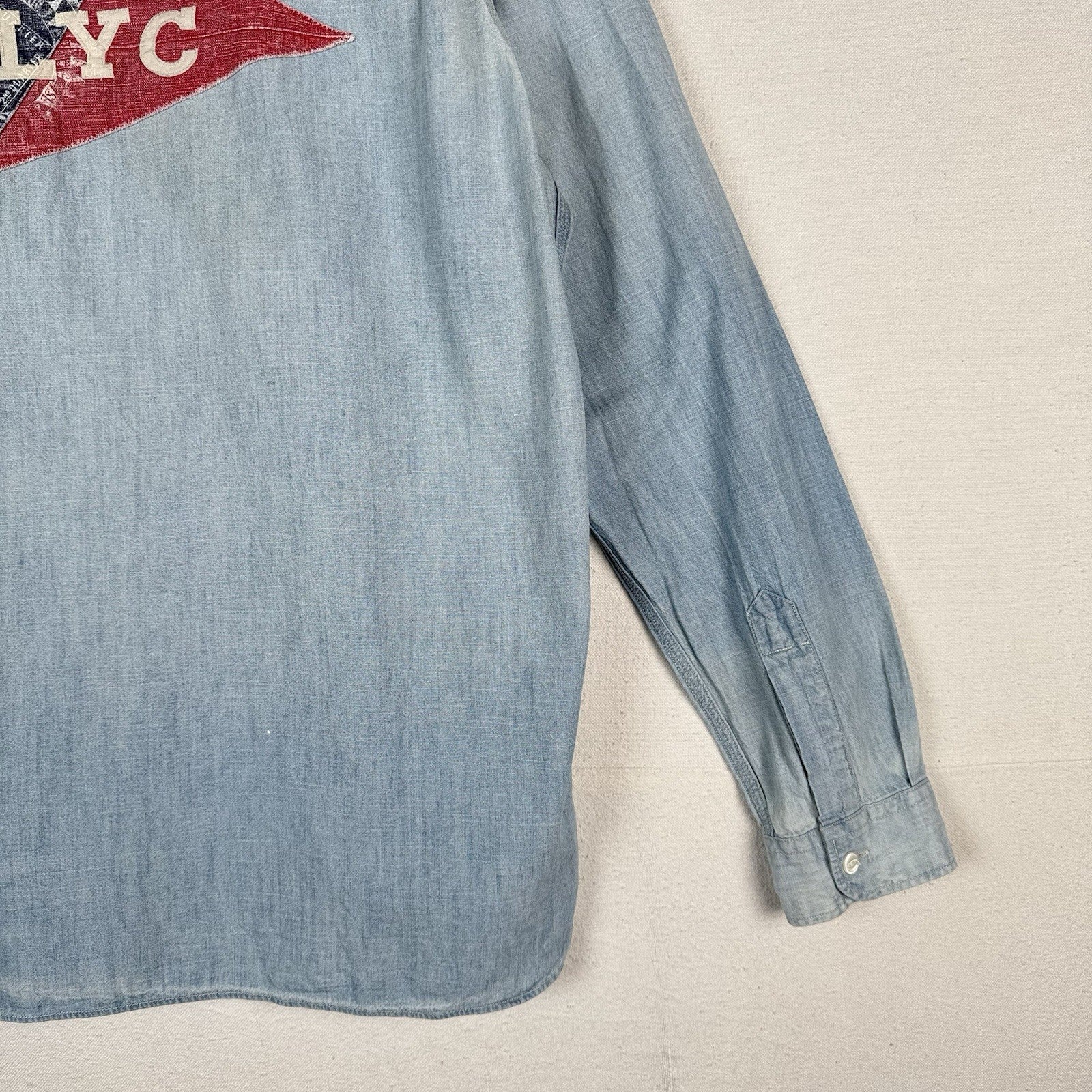 90s Polo Ralph Lauren Men’s Large Chambray Denim Shirt Blue Yacht Club RLYC Flag