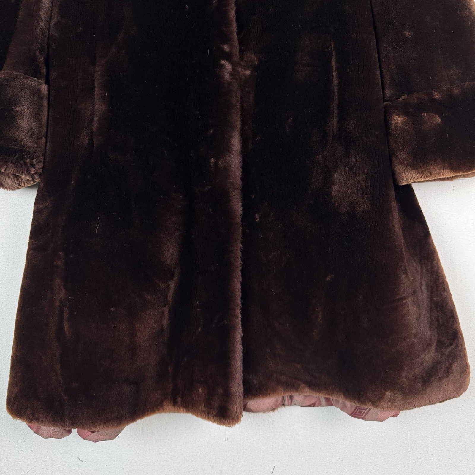 Vintage 50’s 60’s May Company Brown Mouton Lamb Fur 40" Swing Coat Size 10 *Read