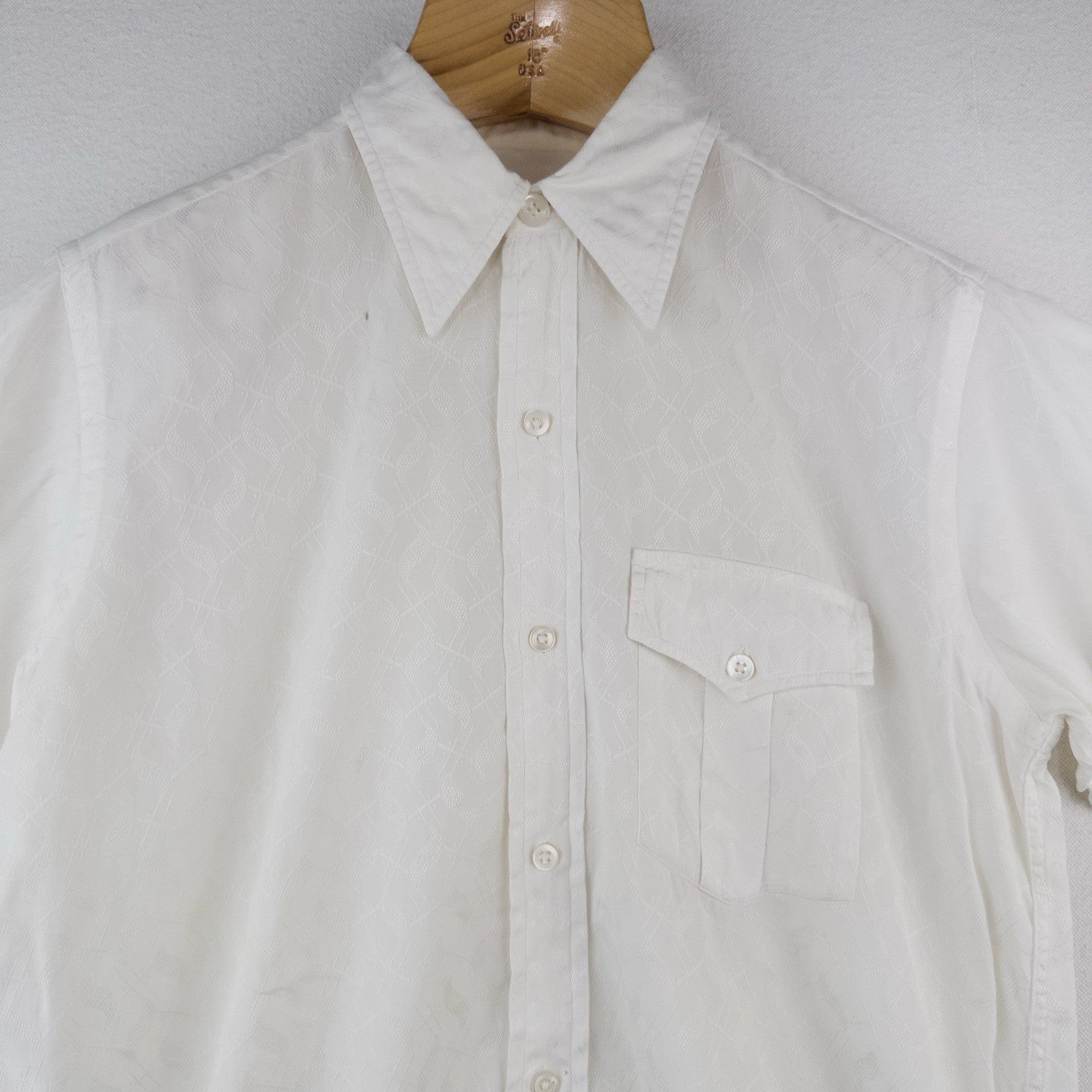 40’s Vtg British-imported Short Sleeve Button Up Jacquard White Shirt Thin L