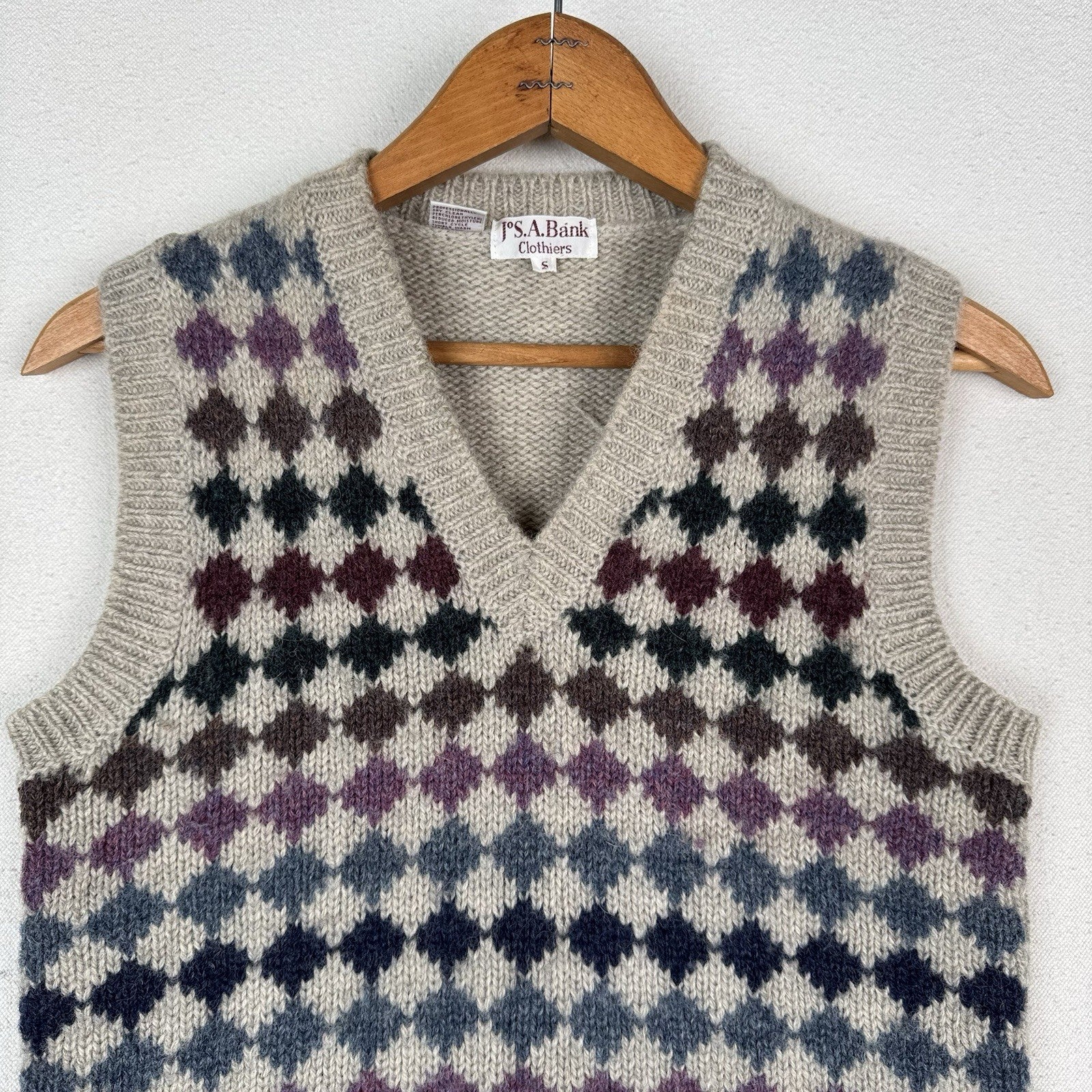 Vintage Jos. A. Bank Clothiers Argyle Vest 100% Shetland Wool Small Grey Blue